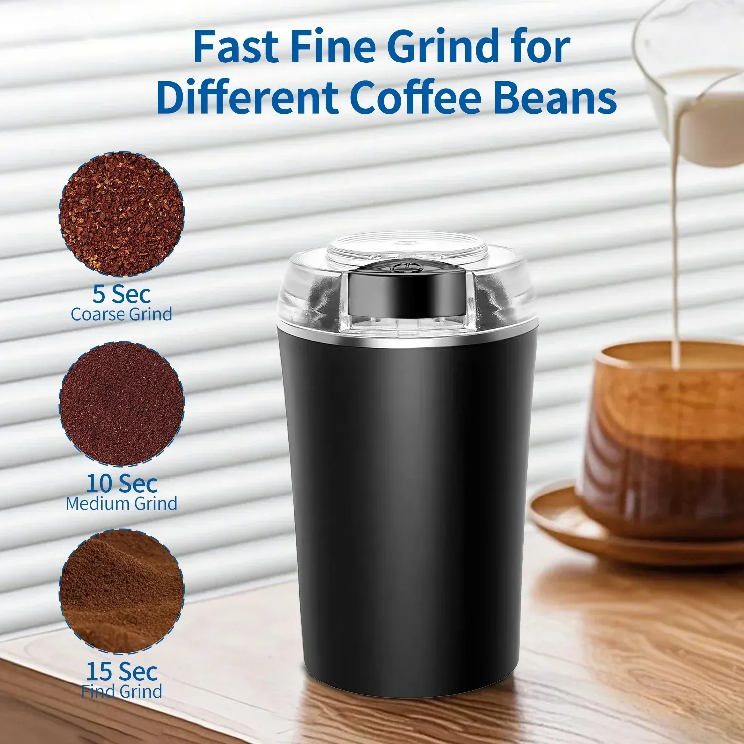 TINANA Electric Coffee Grinder 200W, One-Touch Coffee Bean and Spice Grinder with Cleaning Brush, 2.8oz Capacity, Stainless Steel Blade, Black - Image 5