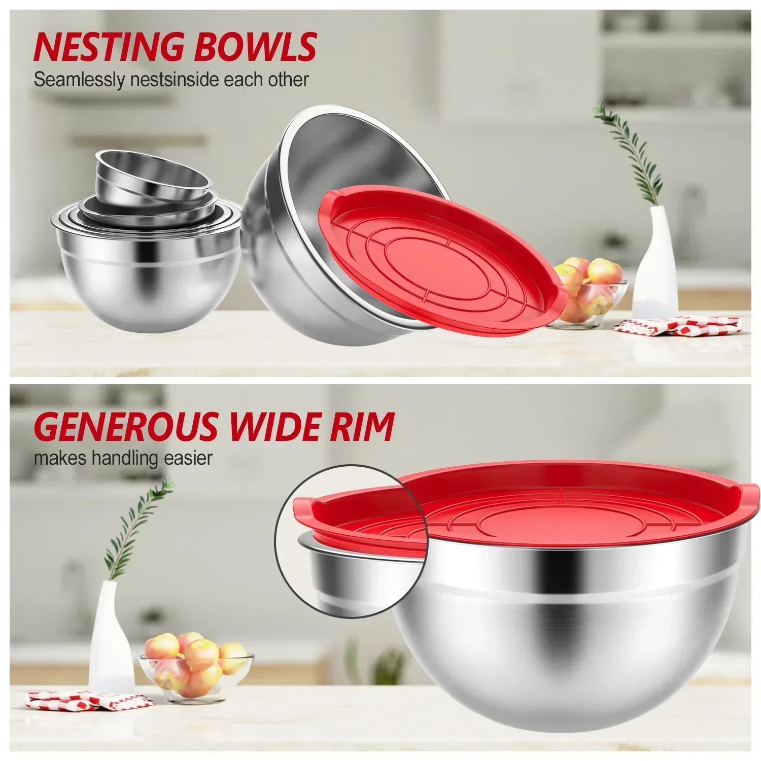 TINANA Mixing Bowls with Lids: Stainless Steel Mixing Bowls Set, Metal Nesting Mixing Bowls for Kitchen, 7/4.5/3.0/2.0/1.5/1.0/0.7QT, Great for Prep, Baking, Serving - Image 13