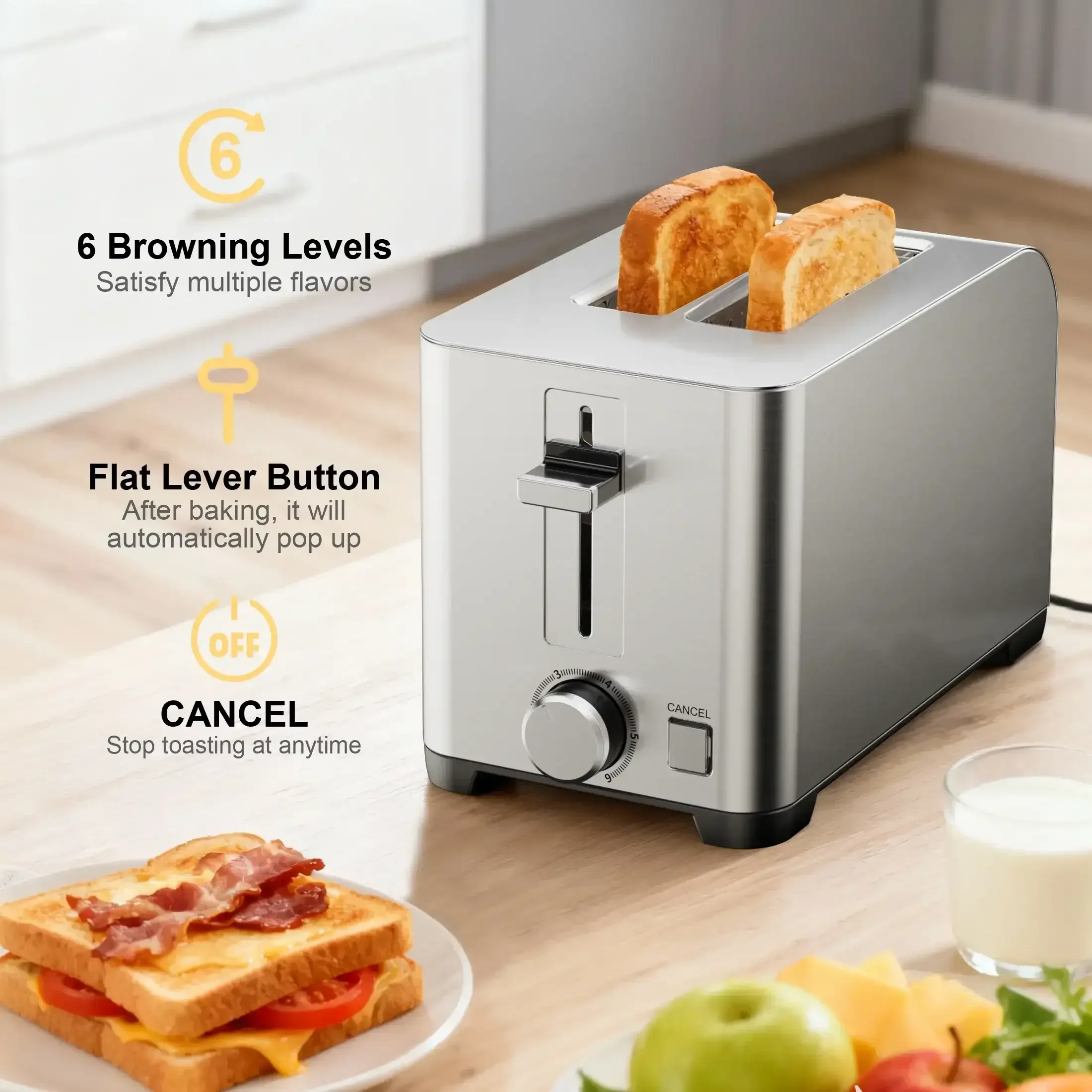Tomeem 2-Slice Toaster with 6 Shade Settings, Removable Crumb Tray and Self-centering Guide, Stainless Steel - Image 3