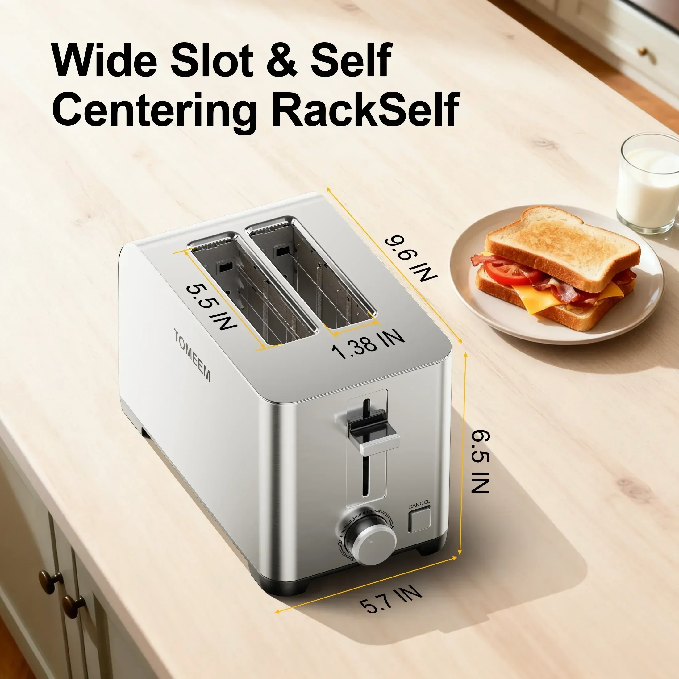 Tomeem 2-Slice Toaster with 6 Shade Settings, Removable Crumb Tray and Self-centering Guide, Stainless Steel - Image 5