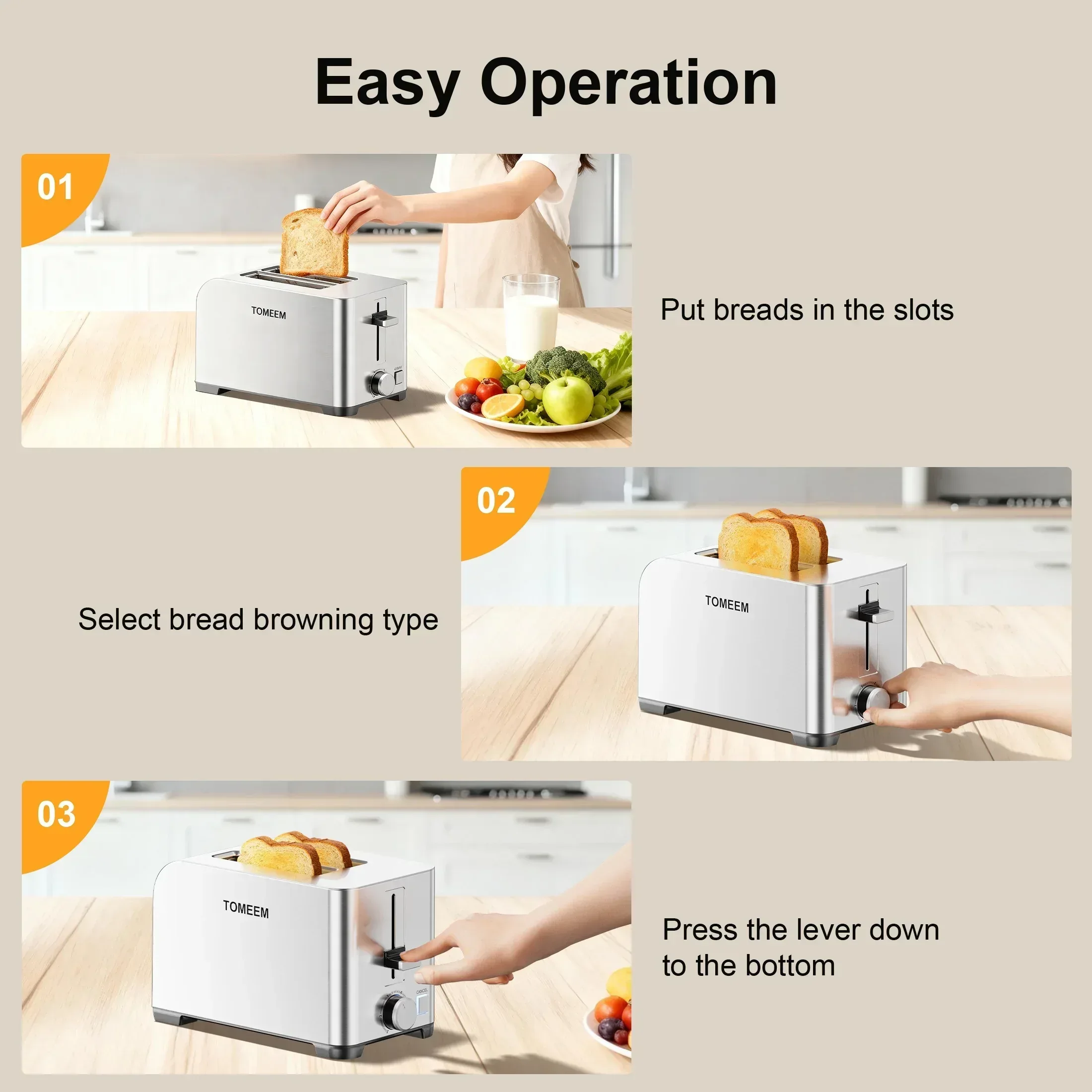 Tomeem 2-Slice Toaster with 6 Shade Settings, Removable Crumb Tray and Self-centering Guide, Stainless Steel - Image 6