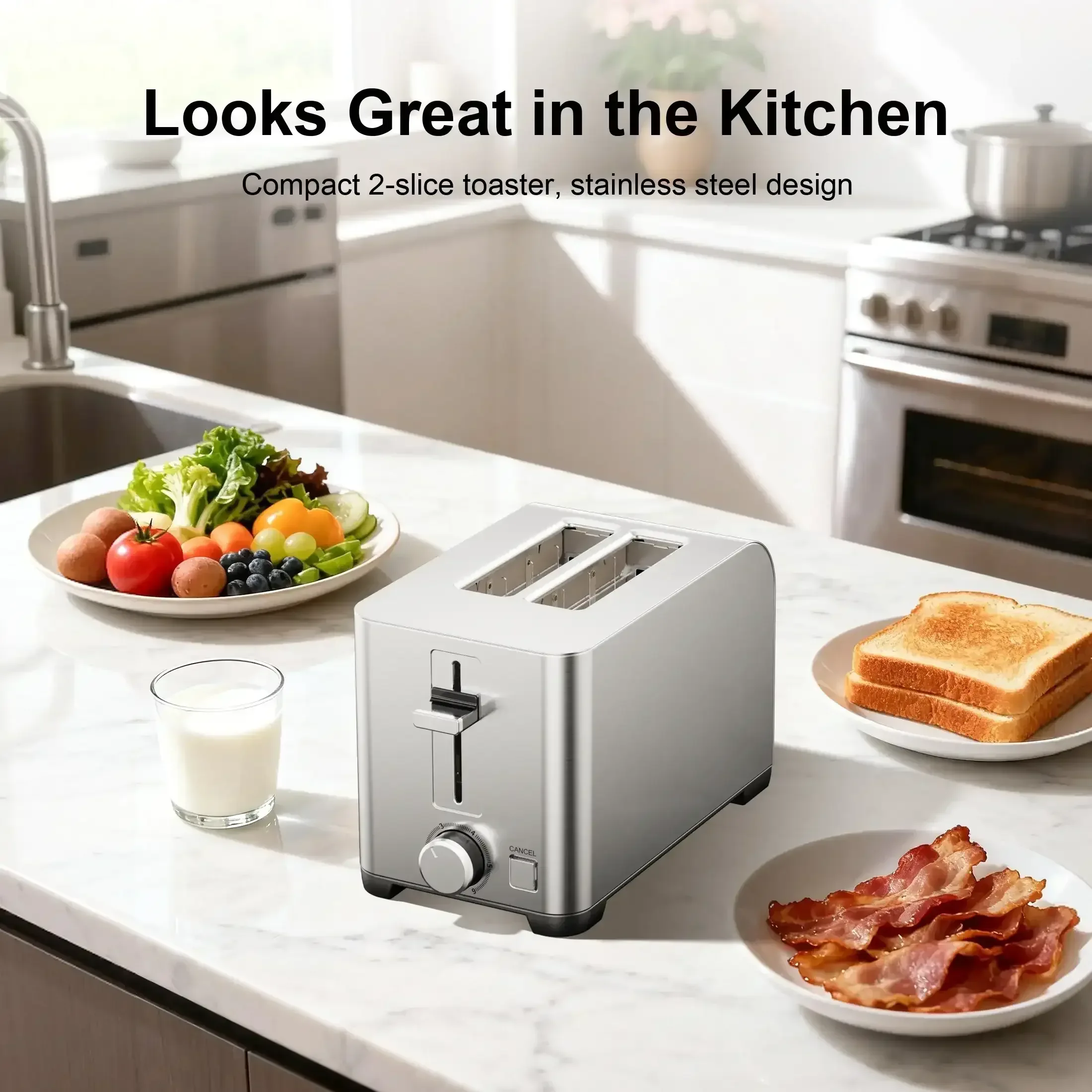 Tomeem 2-Slice Toaster with 6 Shade Settings, Removable Crumb Tray and Self-centering Guide, Stainless Steel - Image 7