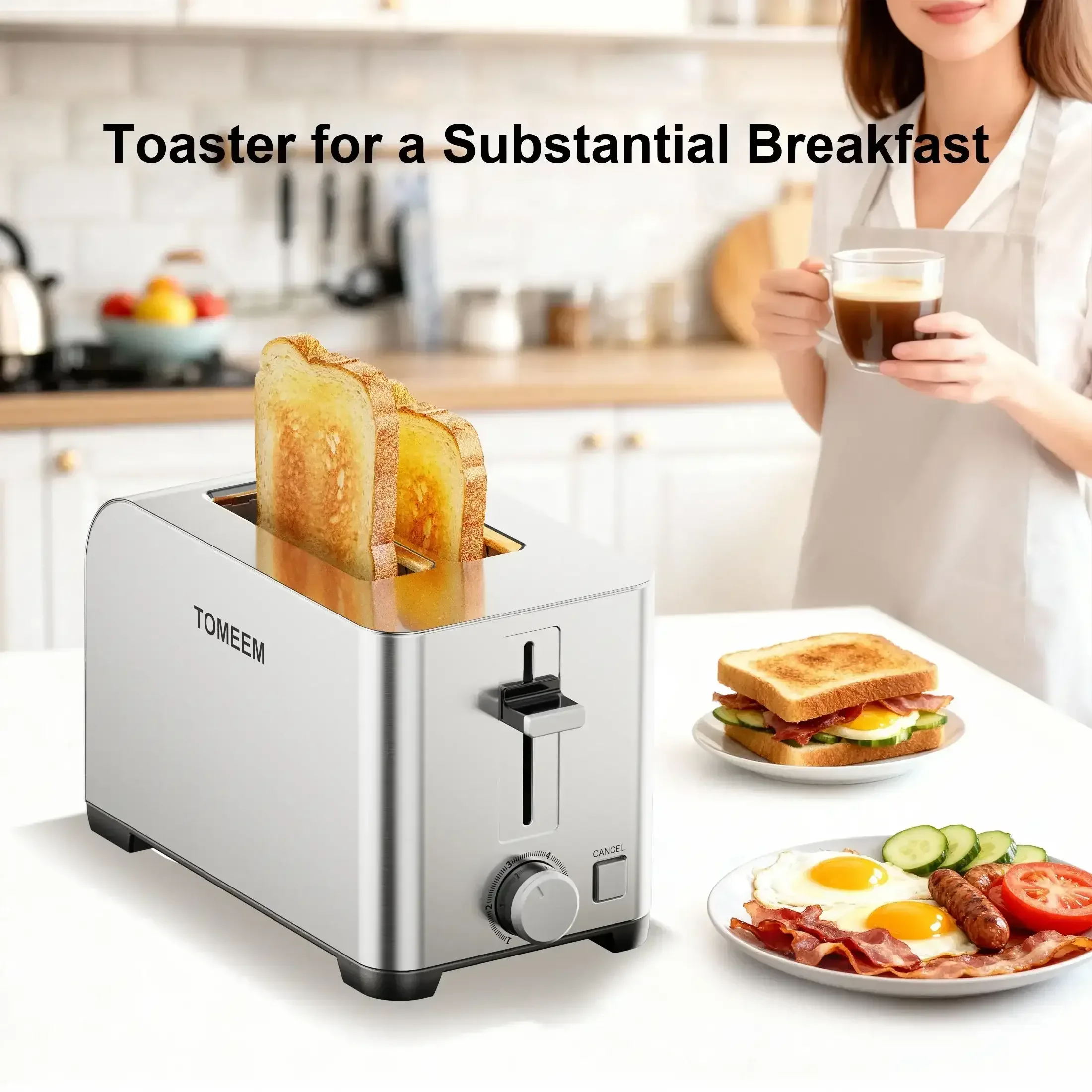 Tomeem 2-Slice Toaster with 6 Shade Settings, Removable Crumb Tray and Self-centering Guide, Stainless Steel - Image 8