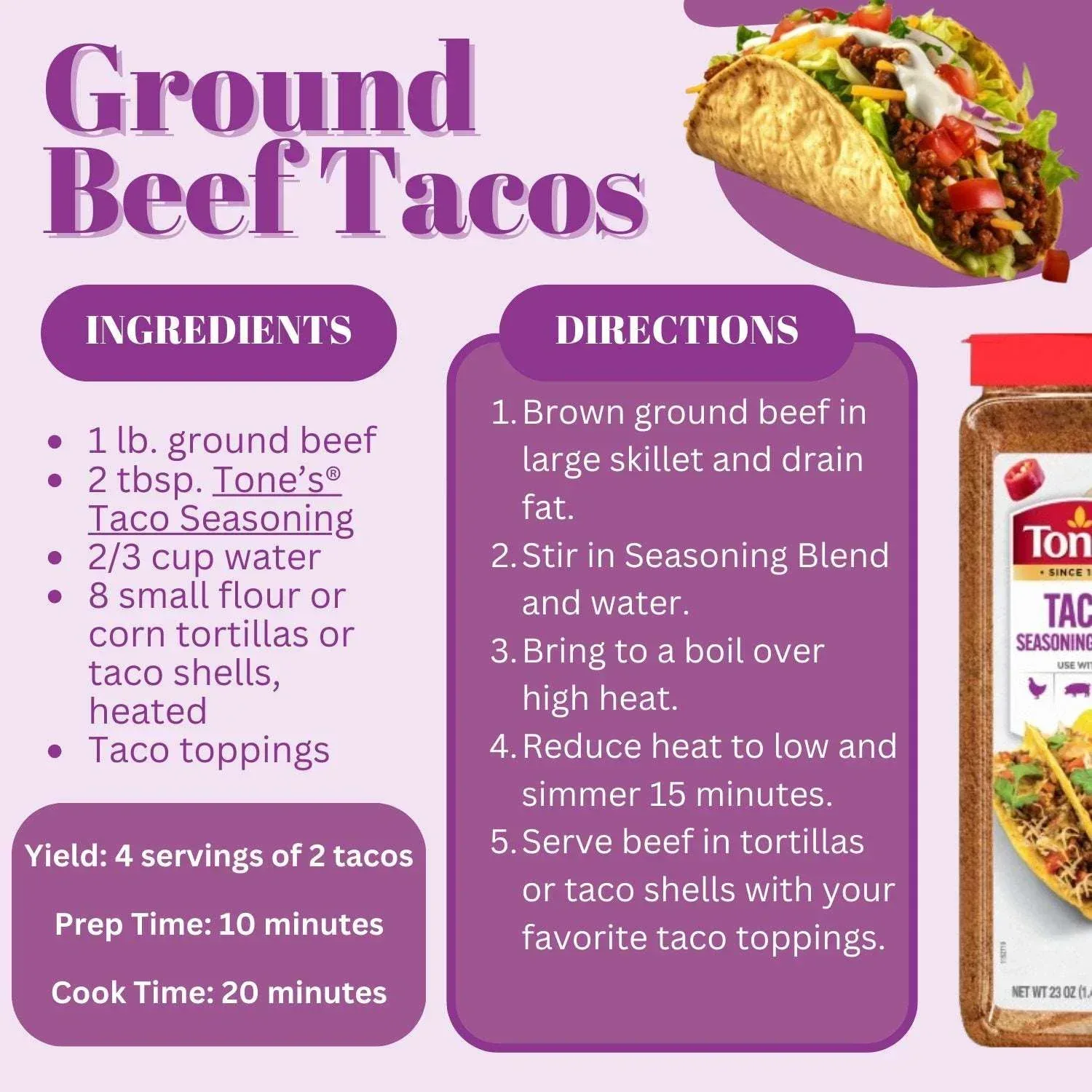 Tone's Taco Seasoning, Assorted Size - Image 2