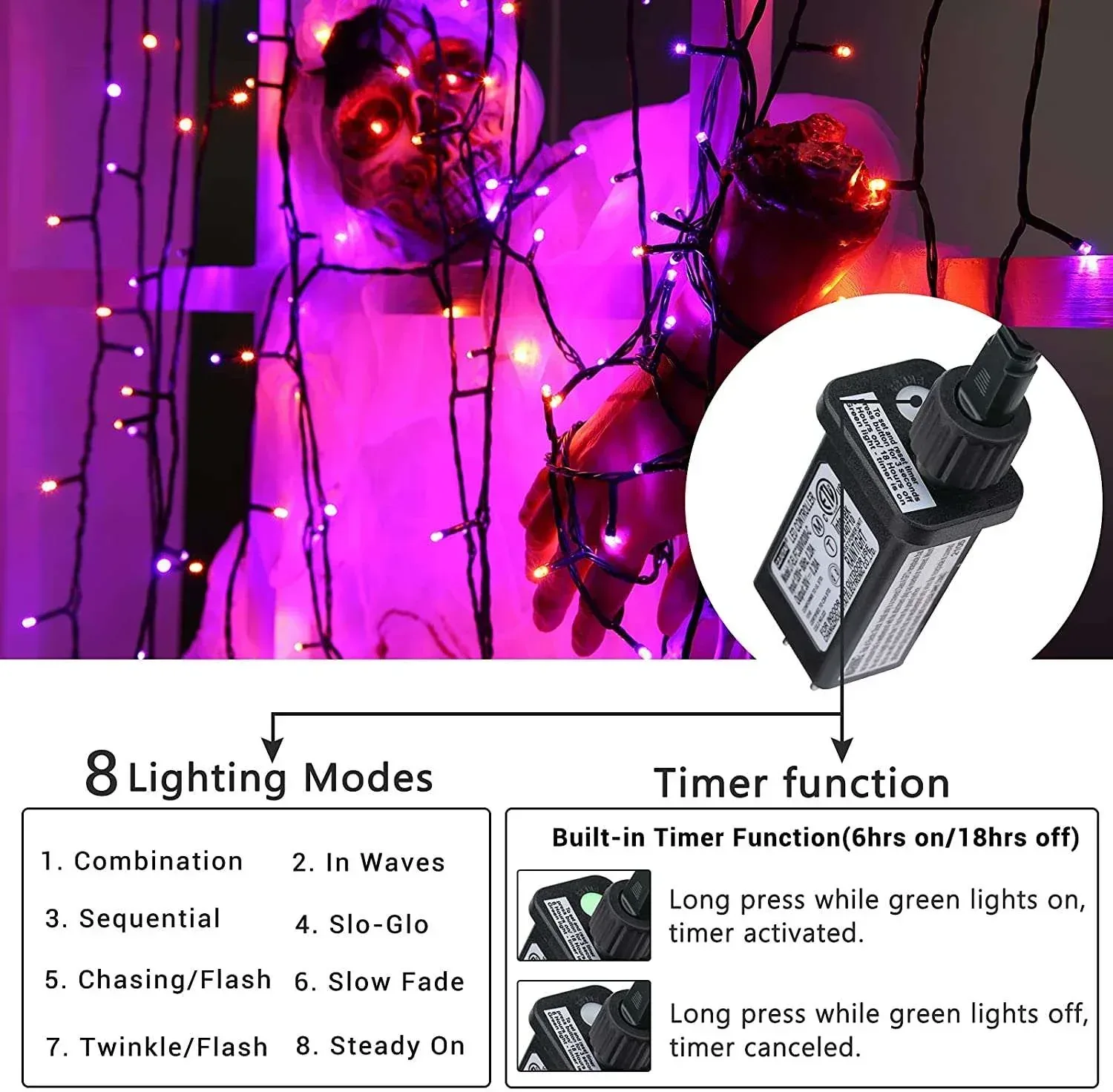Toodour Orange & Purple Halloween Lights, 82ft 200 LED Plug in Halloween String Lights with 8 Modes, Memory & Timer Function, Connectable Halloween Outdoor Lights for Home, Garden, Halloween Decor - Image 4