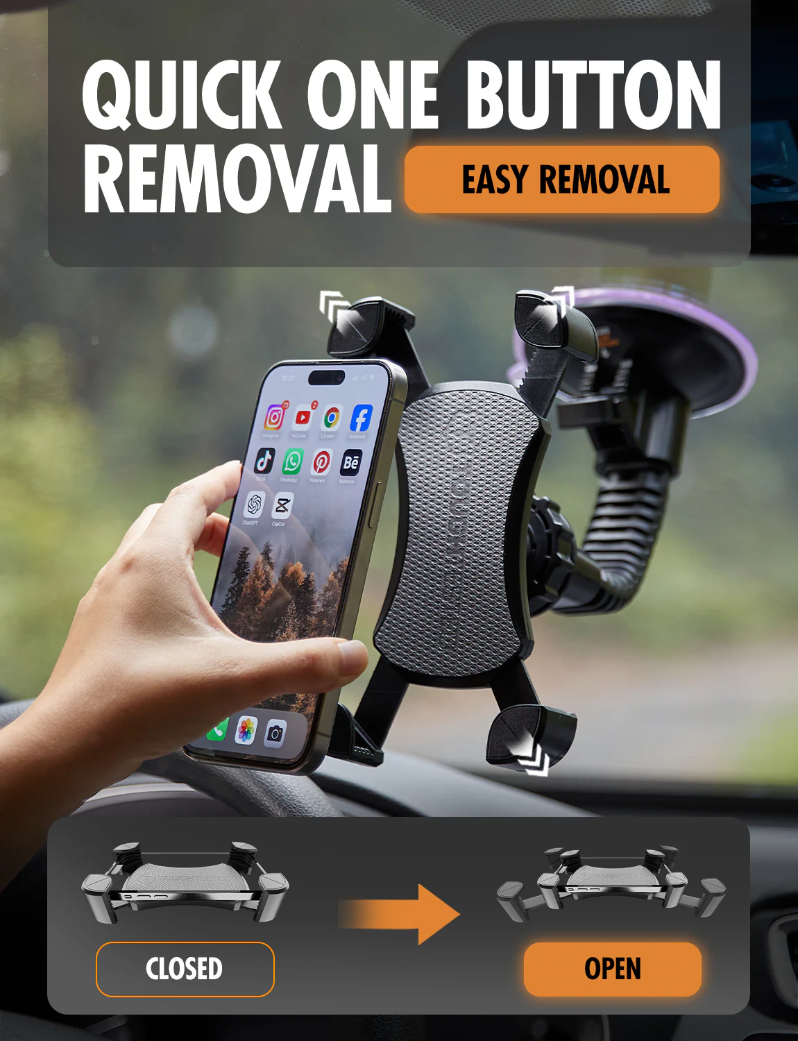 ToughTested Mammoth Windshield Phone Mount with Double-Ribbed Gooseneck, Extra-Large 4.25” Suction Cup, 4-Way Locking Claw Grip, 360° Rotation & One-Button Release - Image 2