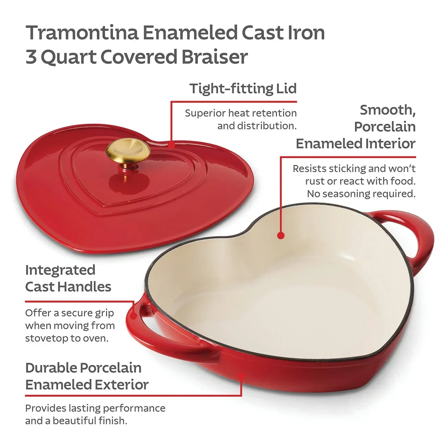 Tramontina 3-Quart Heart Shape Enameled Cast Iron Dutch Oven (Shallow, Oven Safe) - Image 16