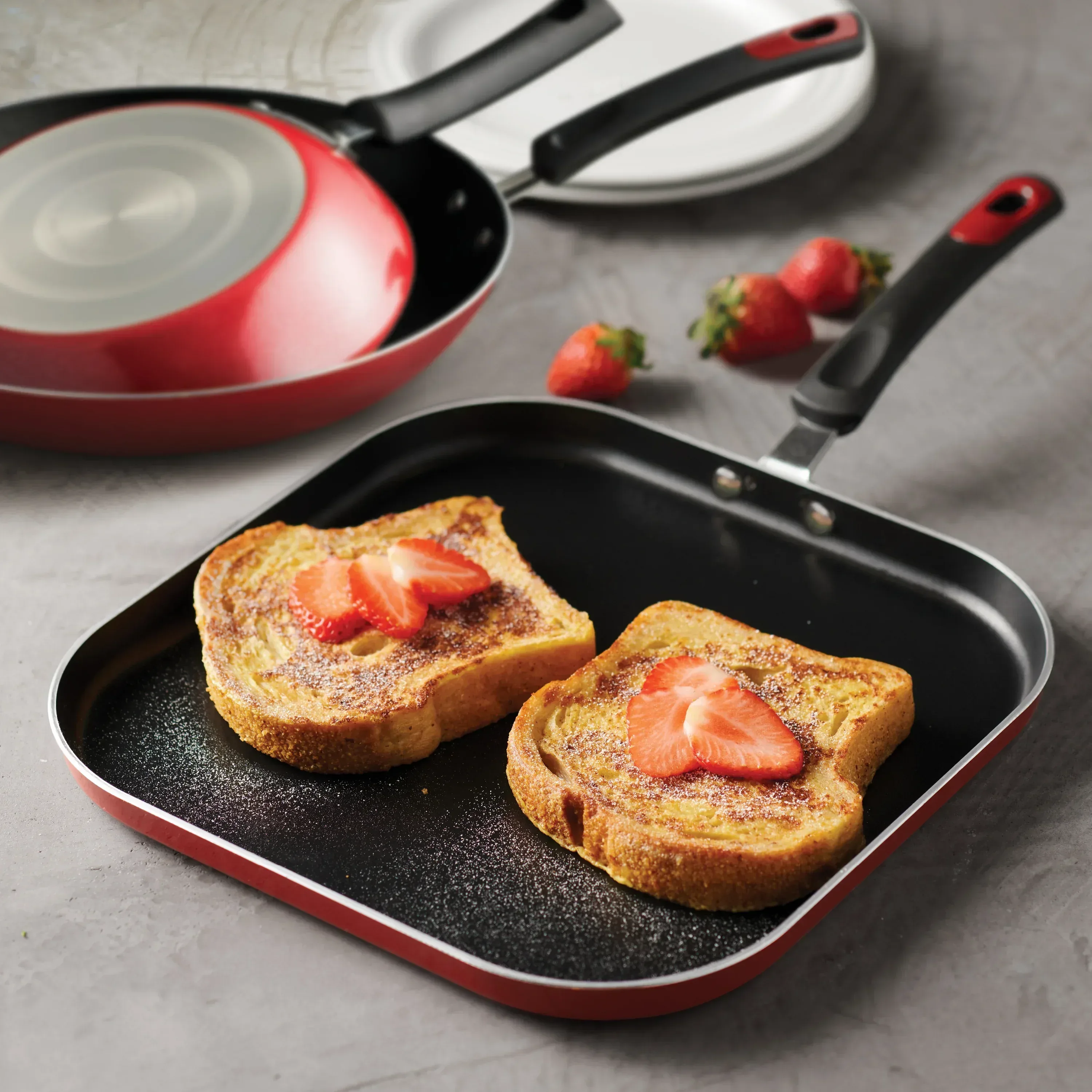 Tramontina everyday 3 pc aluminum nonstick fry pan and griddle set – metallic red - Image 4