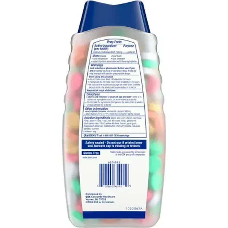 TUMS Smoothies Antacid Chewable Tablets for Heartburn Relief, Assorted Fruit (250 Ct.) - Image 2