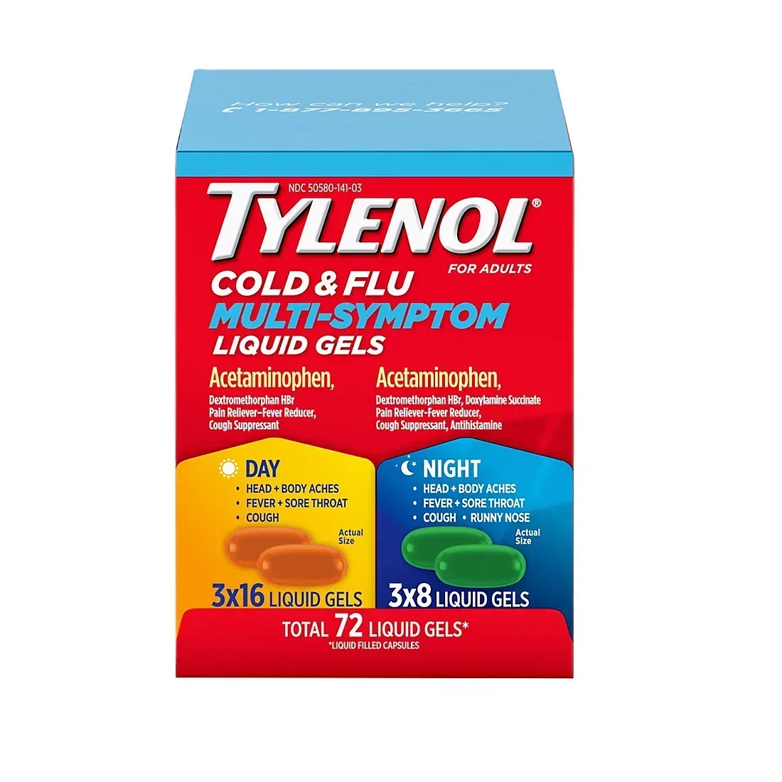 Tylenol Day & Night Cold + Flu Combo Pack, 72ct (48 Day + 24 Night)