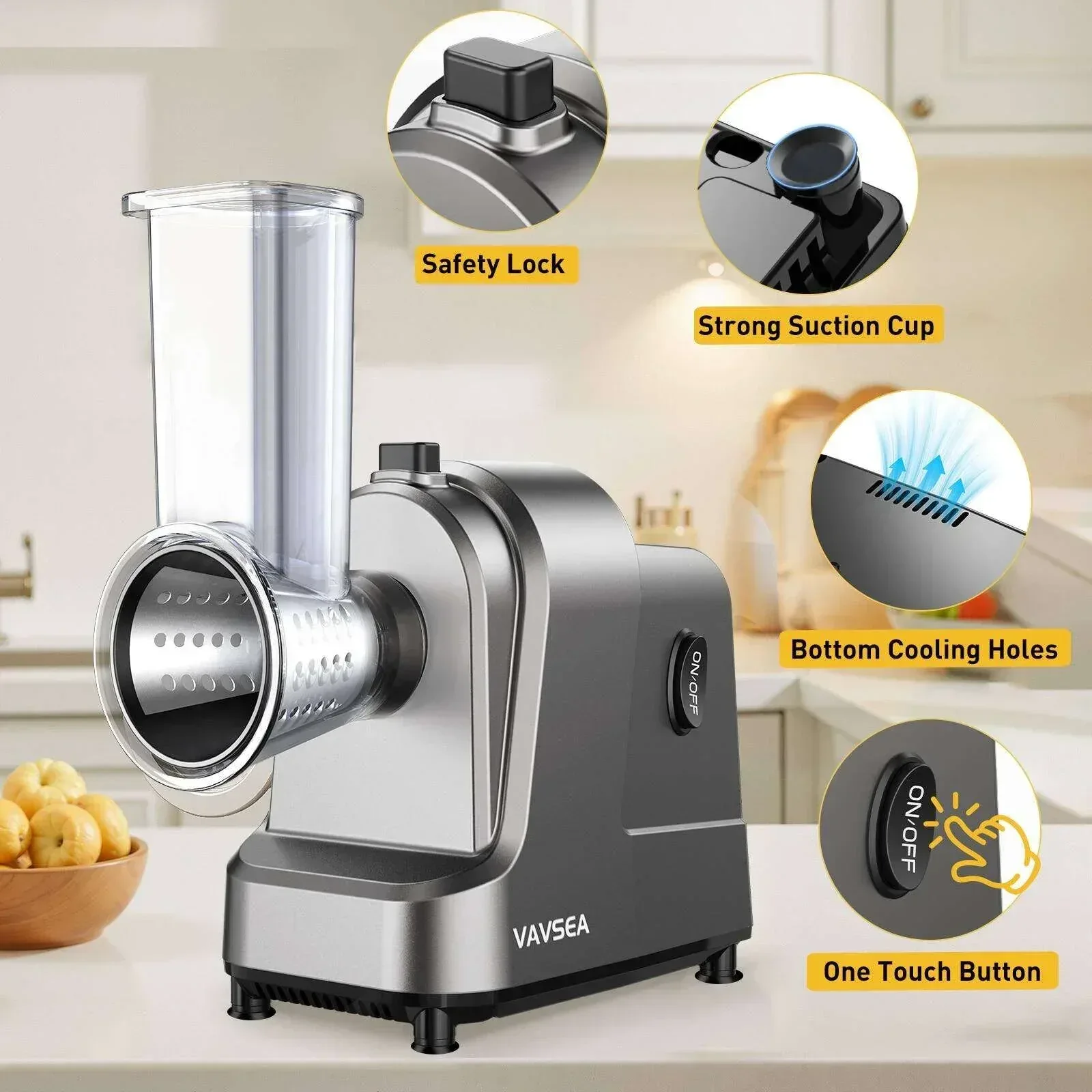 VAVSEA 5-in-1 Electric Cheese Grater, 400W Electric Cheese Shredder with 5 Stainless Blades, Salad Maker with One-Touch Control for Cheese, Vegetables and Fruits, Gifts for Christmas - Image 5