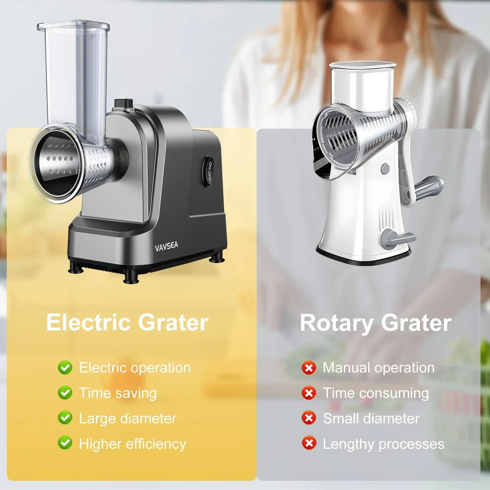 VAVSEA 5-in-1 Electric Cheese Grater, 400W Electric Cheese Shredder with 5 Stainless Blades, Salad Maker with One-Touch Control for Cheese, Vegetables and Fruits, Gifts for Christmas - Image 7