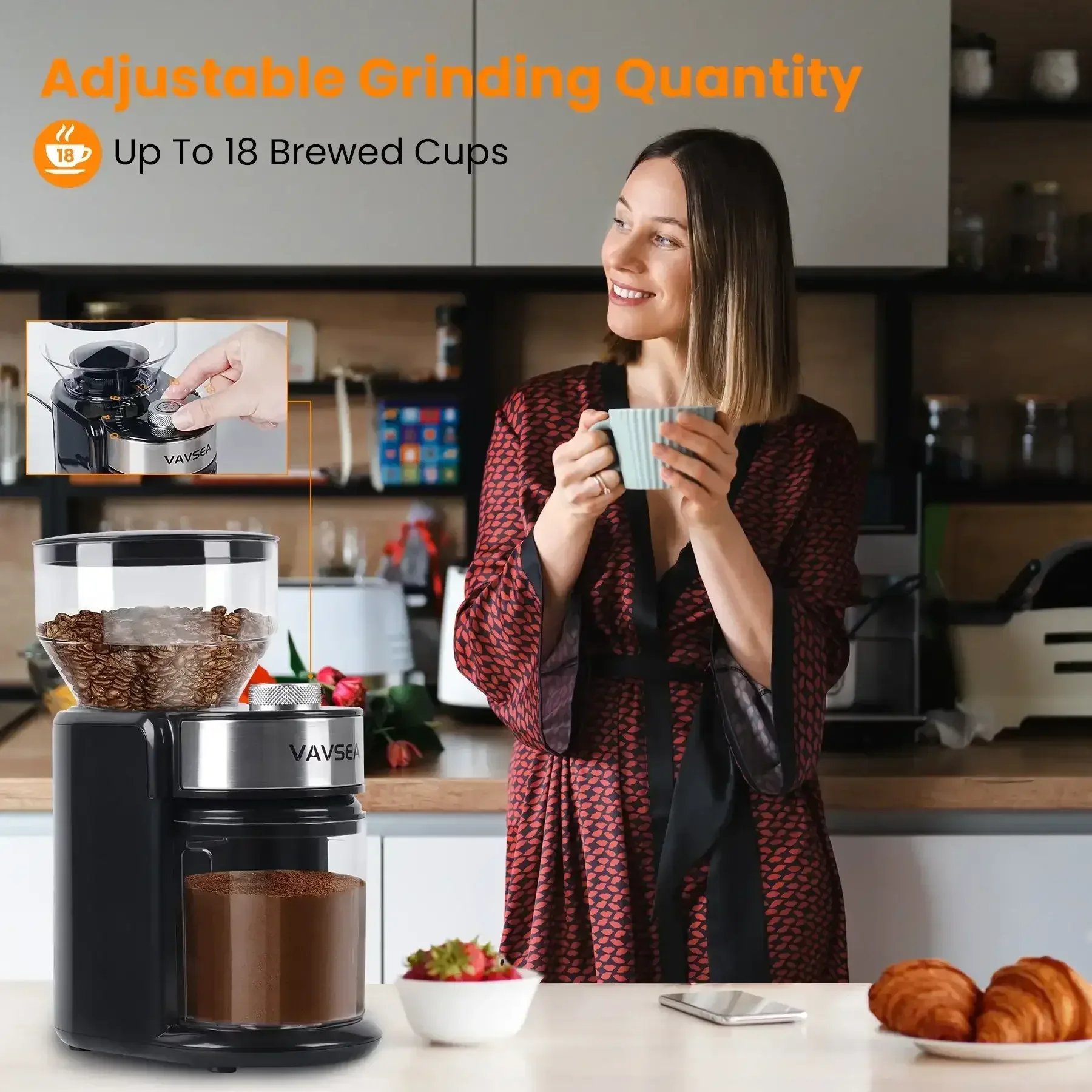VAVSEA Burr Coffee Grinder, Electric Coffee Bean Grinder with 18 Precise Grind Settings, 3-18 Cup, for Espresso/Drip/Pour over/Cold Brew/French Press - Image 3