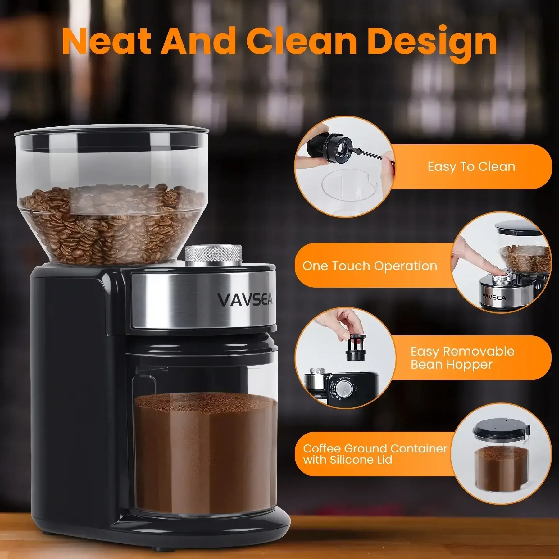 VAVSEA Burr Coffee Grinder, Electric Coffee Bean Grinder with 18 Precise Grind Settings, 3-18 Cup, for Espresso/Drip/Pour over/Cold Brew/French Press - Image 6