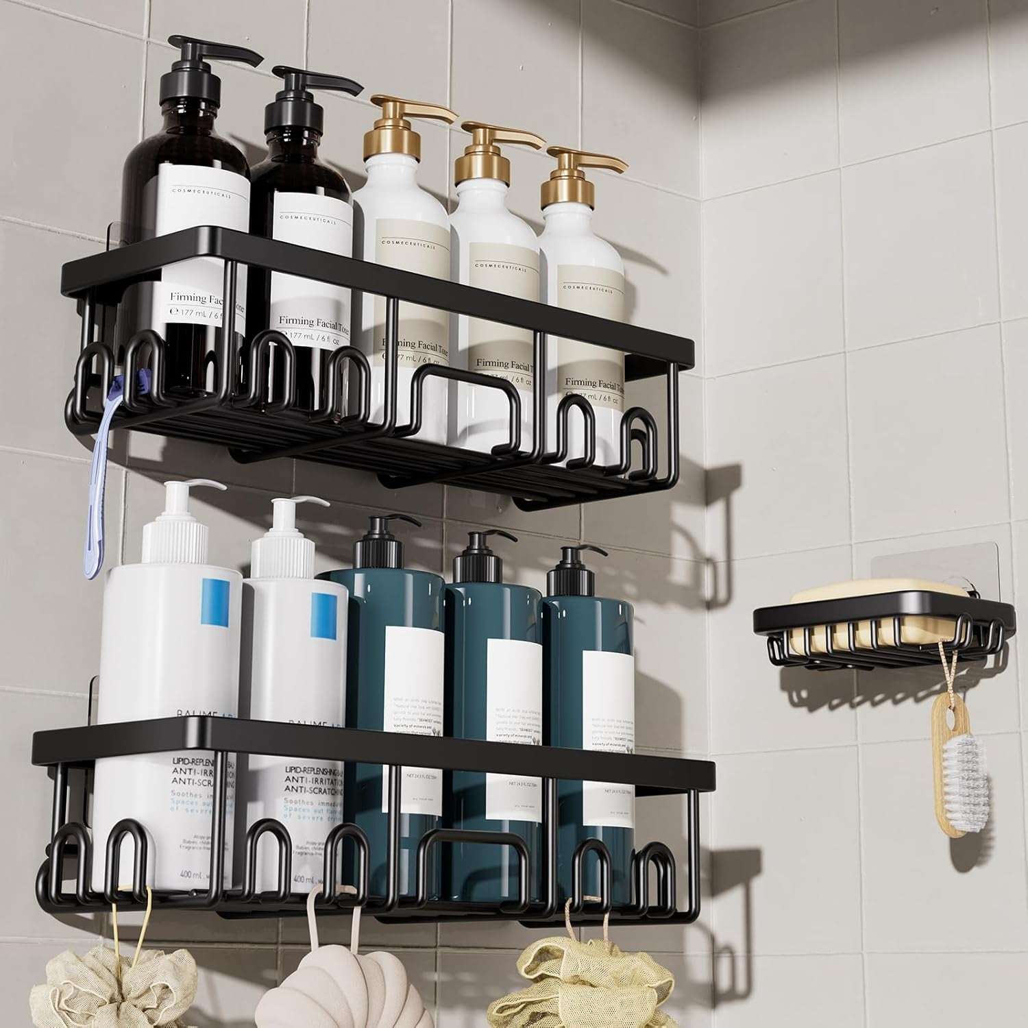 Veken Shower Caddy – Rustproof Adhesive Bathroom Organizer Set, No-Drill Wall-Mounted Shelves with Soap Holder & Large Capacity Storage
