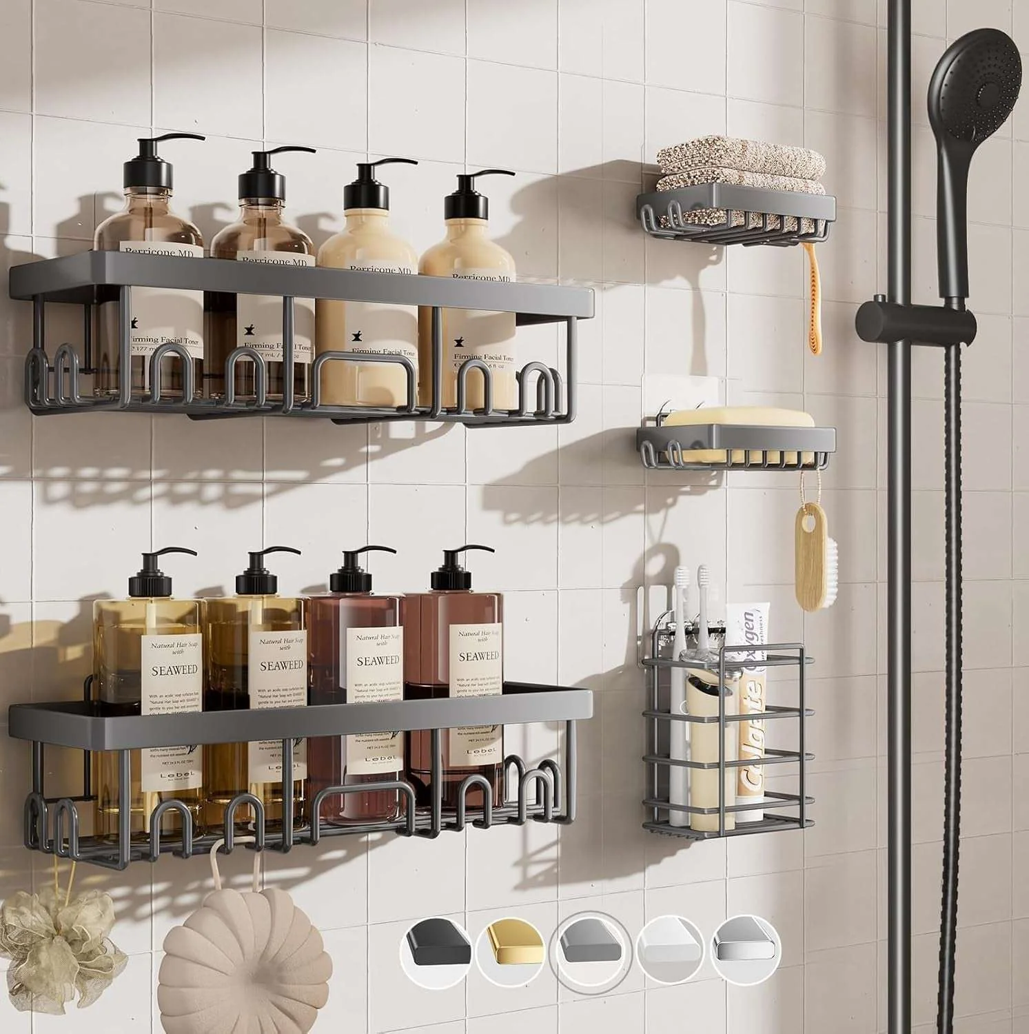 Veken Shower Caddy – Rustproof Adhesive Bathroom Organizer Set, No-Drill Wall-Mounted Shelves with Soap Holder & Large Capacity Storage - Image 10