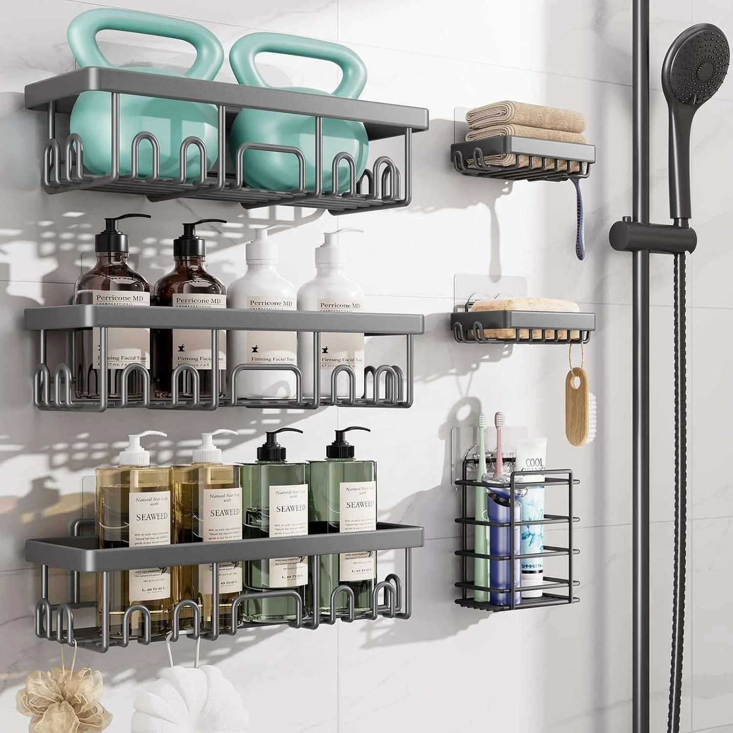 Veken Shower Caddy – Rustproof Adhesive Bathroom Organizer Set, No-Drill Wall-Mounted Shelves with Soap Holder & Large Capacity Storage - Image 13