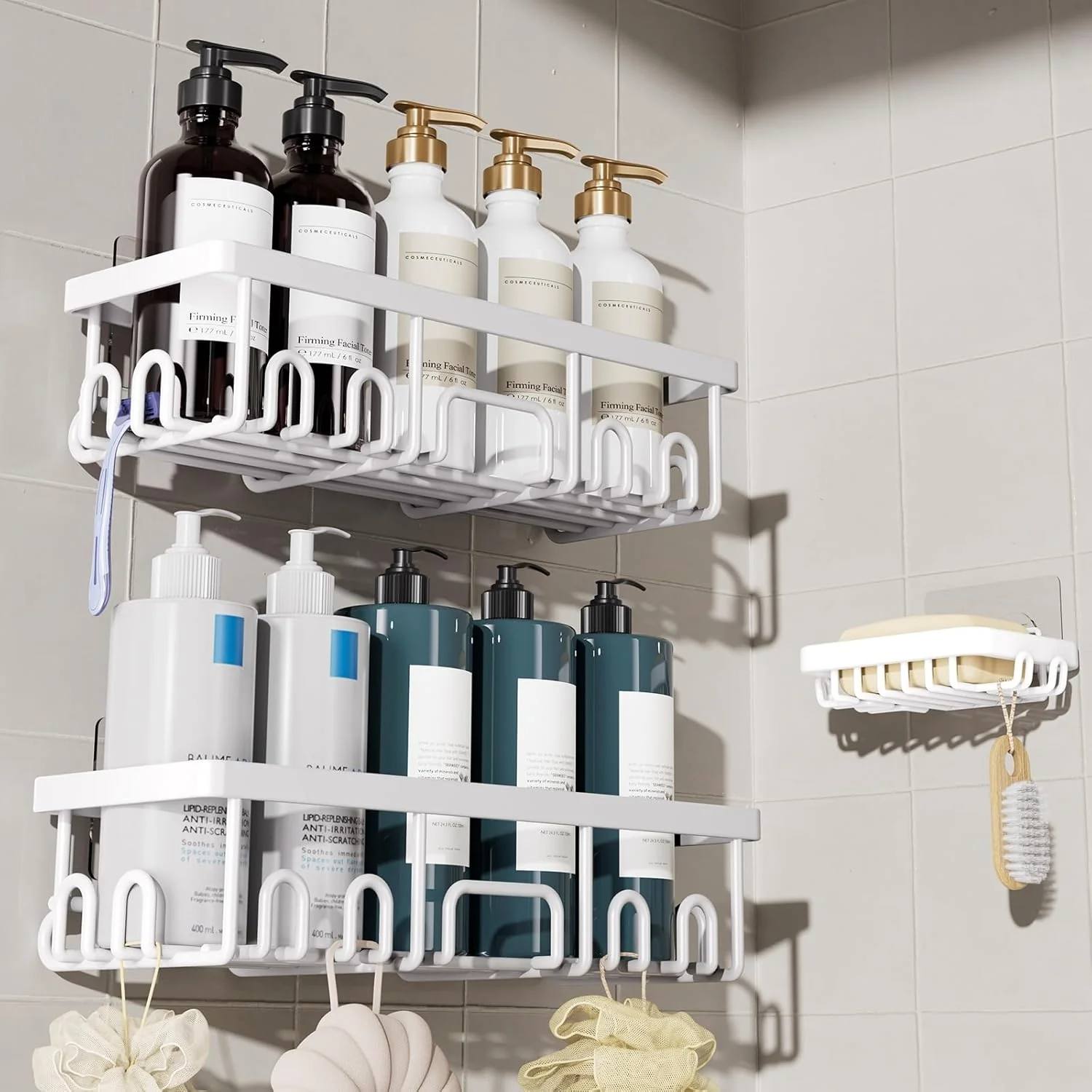 Veken Shower Caddy – Rustproof Adhesive Bathroom Organizer Set, No-Drill Wall-Mounted Shelves with Soap Holder & Large Capacity Storage - Image 8