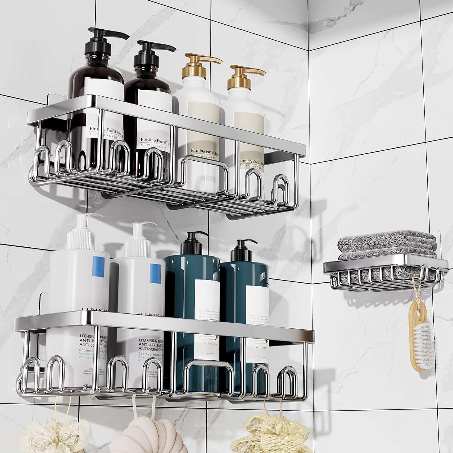 Veken Shower Caddy – Rustproof Adhesive Bathroom Organizer Set, No-Drill Wall-Mounted Shelves with Soap Holder & Large Capacity Storage - Image 9