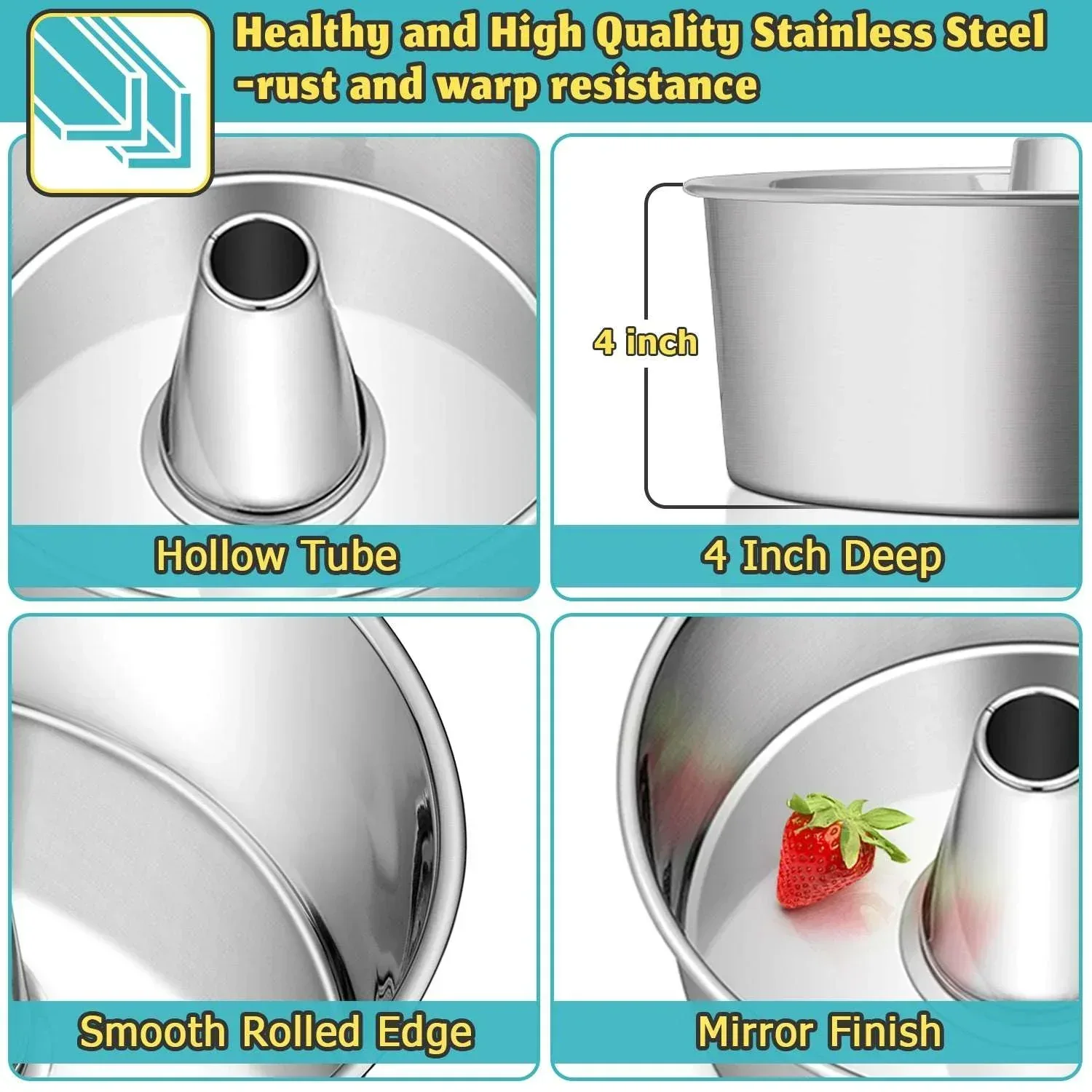 Vesteel 10 inch Angel Food Cake Pan, Stainless Steel Pound Cake Mold with Tube 16 Cups Tube Pan, Non-toxic & One-Piece Design - Image 3