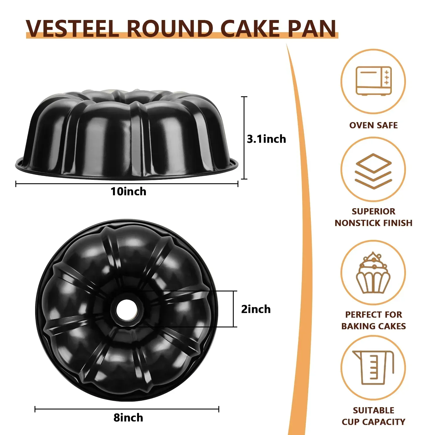 Vesteel 10 inch Bundt Cake Pan, Non-Stick Pan for Baking Brownie Flan Meatloaf, Carbon Steel Bakeware with Tube for Birthday Wedding Events, Heavy Duty & Durable - Black - Image 10