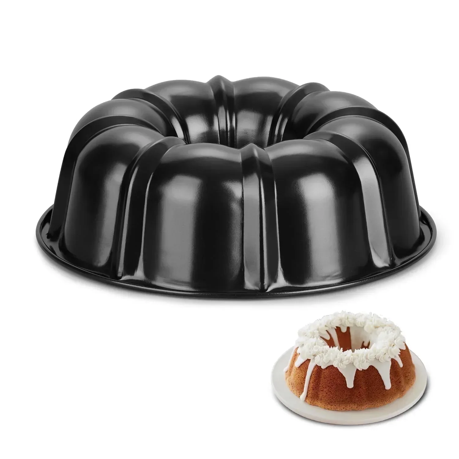 Vesteel 10 inch Bundt Cake Pan, Non-Stick Pan for Baking Brownie Flan Meatloaf, Carbon Steel Bakeware with Tube for Birthday Wedding Events, Heavy Duty & Durable - Black - Image 2