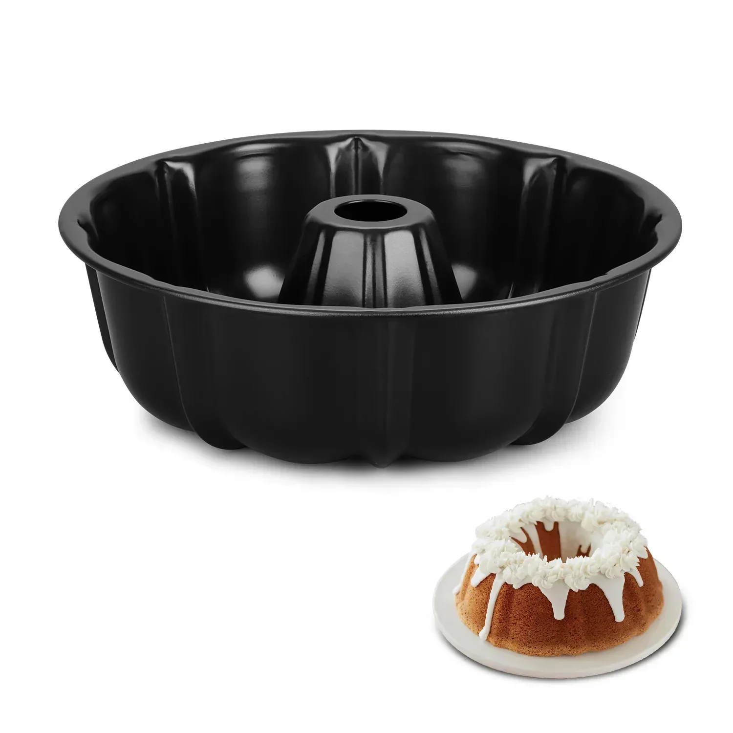 Vesteel 10 inch Bundt Cake Pan, Non-Stick Pan for Baking Brownie Flan Meatloaf, Carbon Steel Bakeware with Tube for Birthday Wedding Events, Heavy Duty & Durable - Black - Image 3