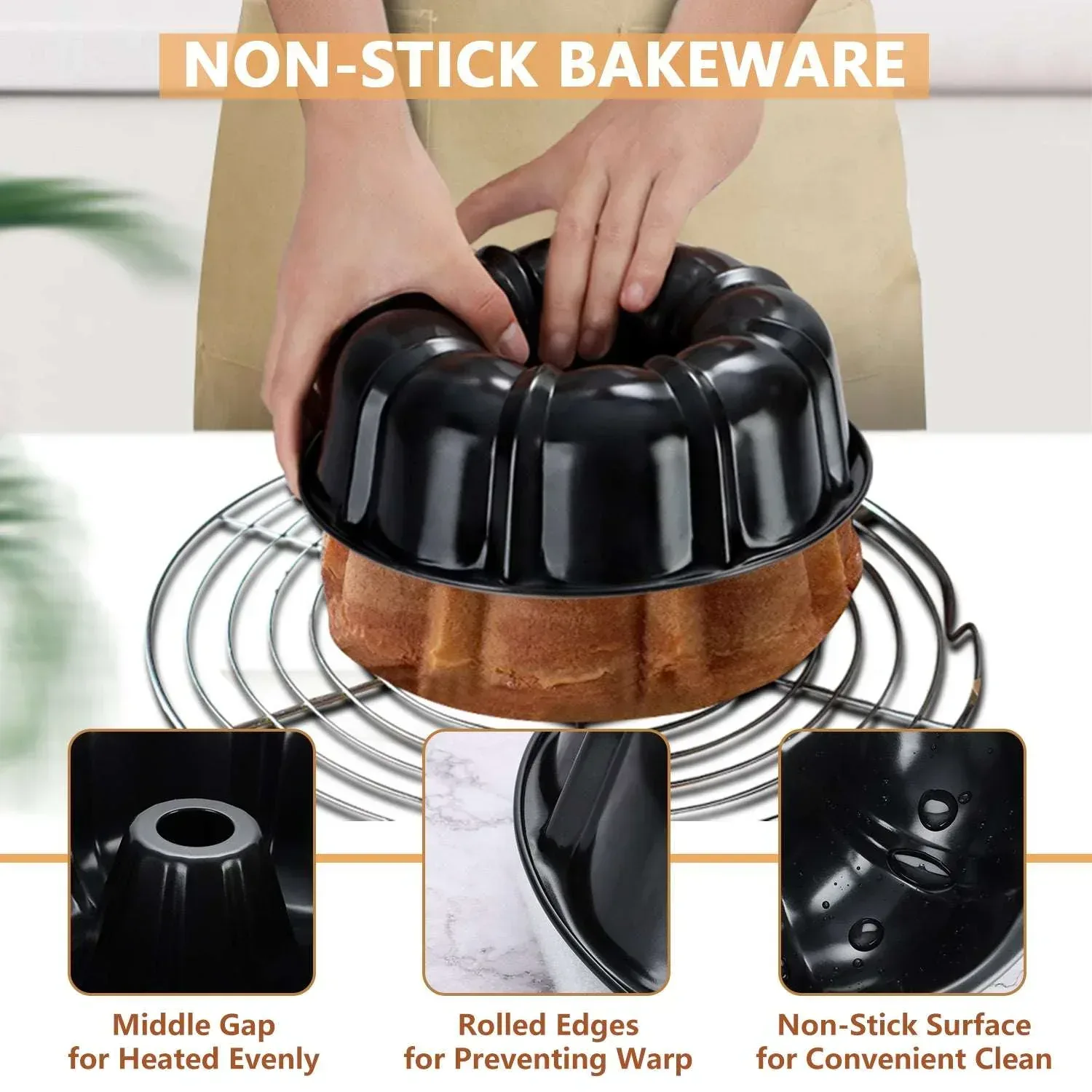 Vesteel 10 inch Bundt Cake Pan, Non-Stick Pan for Baking Brownie Flan Meatloaf, Carbon Steel Bakeware with Tube for Birthday Wedding Events, Heavy Duty & Durable - Black - Image 6