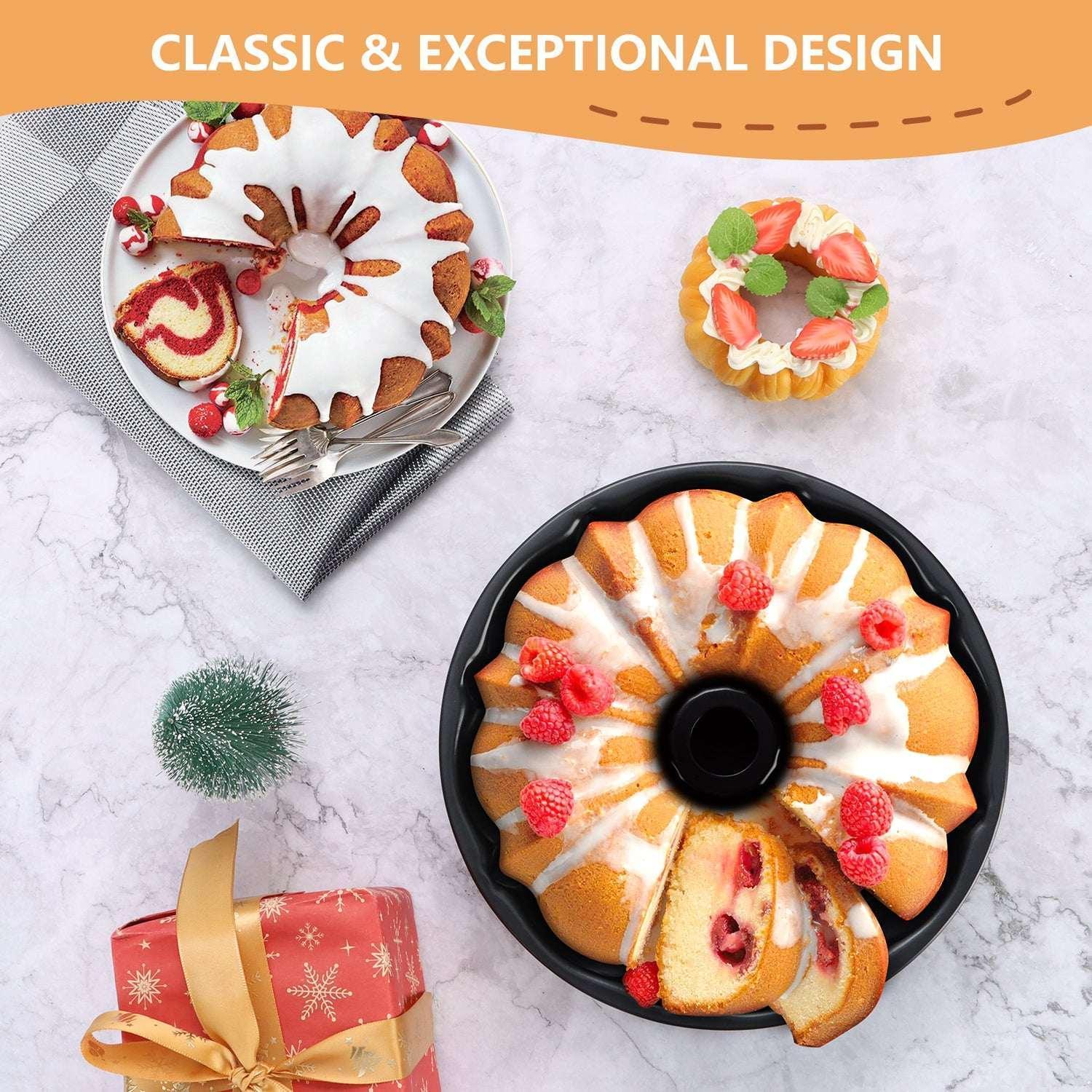 Vesteel 10 inch Bundt Cake Pan, Non-Stick Pan for Baking Brownie Flan Meatloaf, Carbon Steel Bakeware with Tube for Birthday Wedding Events, Heavy Duty & Durable - Black - Image 8