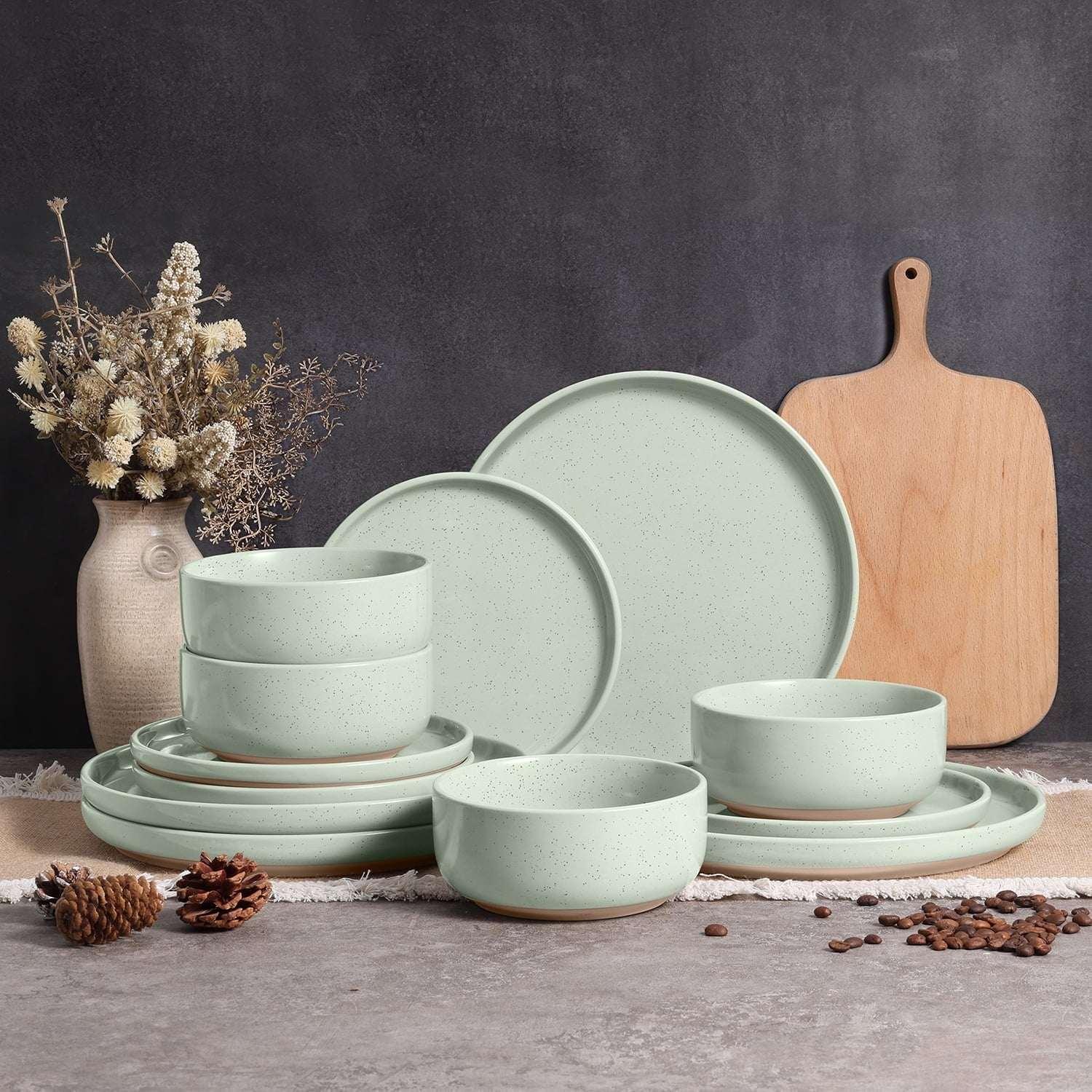 Vesteel 12-Piece Dinnerware set, Ceramic Plates and Bowls set for 4, Speckled Stoneware Dishes Set for Family, Microwave & Dishwasher Safe - Cappuccino Brown - Image 11