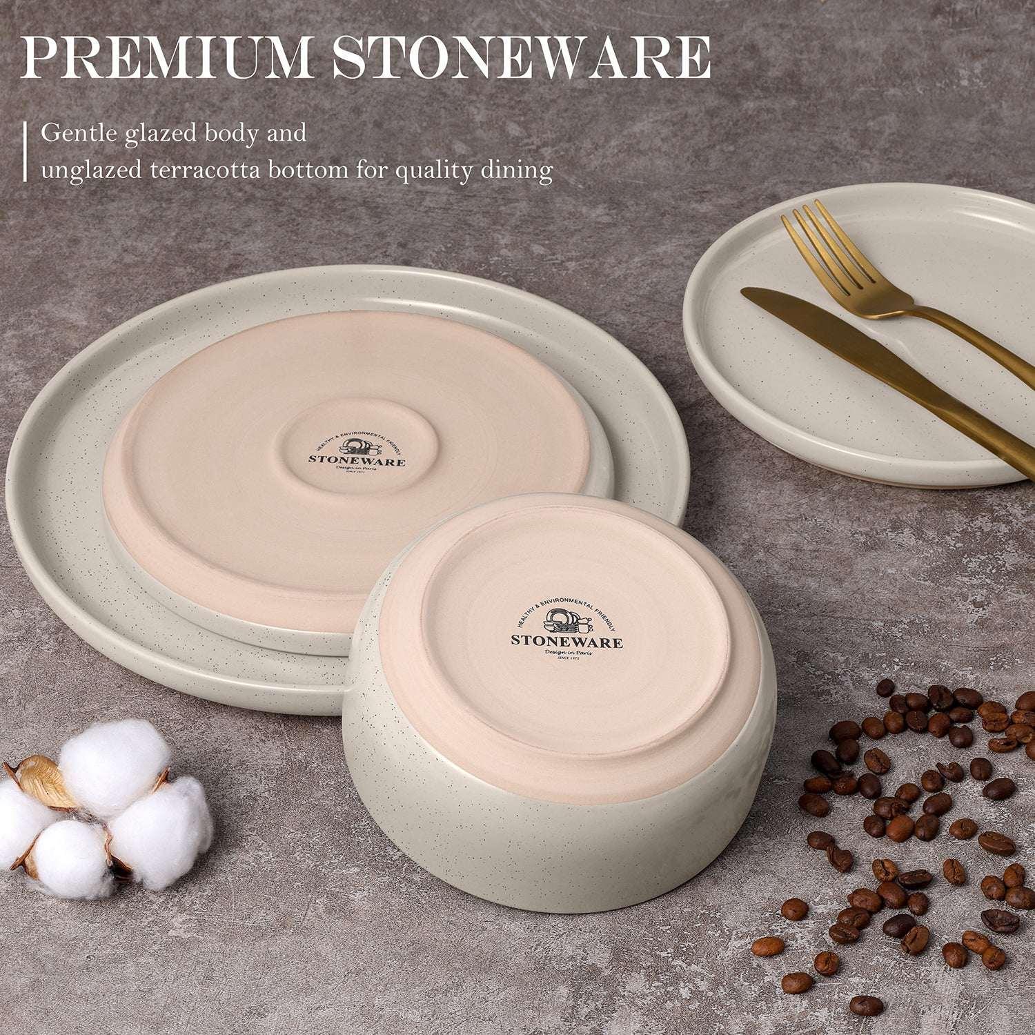 Vesteel 12-Piece Dinnerware set, Ceramic Plates and Bowls set for 4, Speckled Stoneware Dishes Set for Family, Microwave & Dishwasher Safe - Cappuccino Brown - Image 2