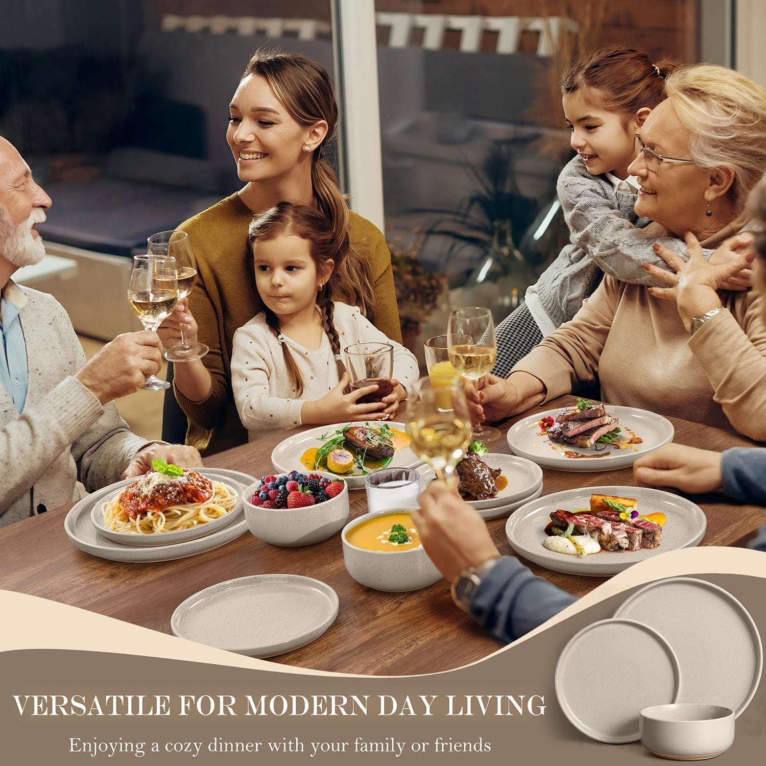 Vesteel 12-Piece Dinnerware set, Ceramic Plates and Bowls set for 4, Speckled Stoneware Dishes Set for Family, Microwave & Dishwasher Safe - Cappuccino Brown - Image 9