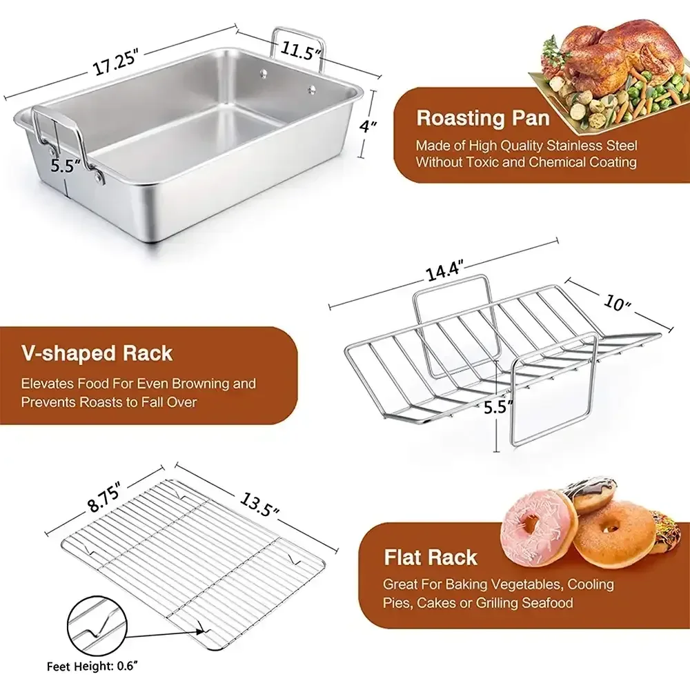 VeSteel 16'' x 11.5'' Roasting Pan with Rack, Stainless Steel Turkey Roaster Include Deep Lasagna Pan & V-Shaped Rack & Roasting Rack, Heavy Duty & Dishwasher Safe - Image 2