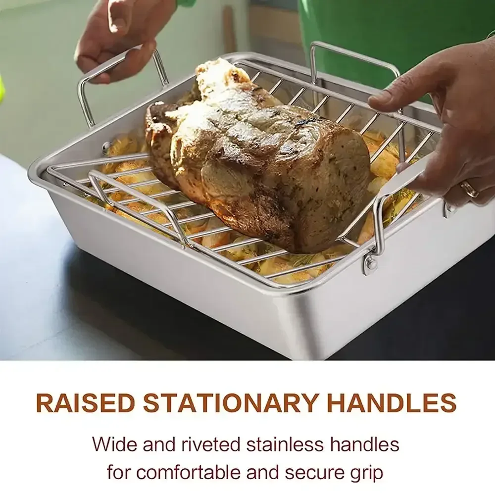 VeSteel 16'' x 11.5'' Roasting Pan with Rack, Stainless Steel Turkey Roaster Include Deep Lasagna Pan & V-Shaped Rack & Roasting Rack, Heavy Duty & Dishwasher Safe - Image 6