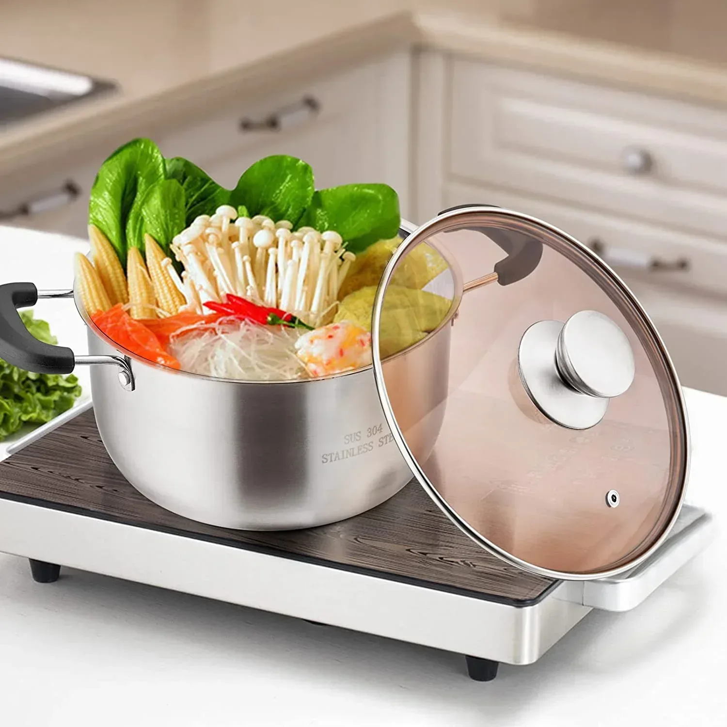 Vesteel 3 Quart Stock Pot, Stainless Steel Metal Pasta Soup Pot with Glass Lid for Cooking, Heat-Proof Double Handles, Heavy Duty & Dishwasher Safe - Image 2
