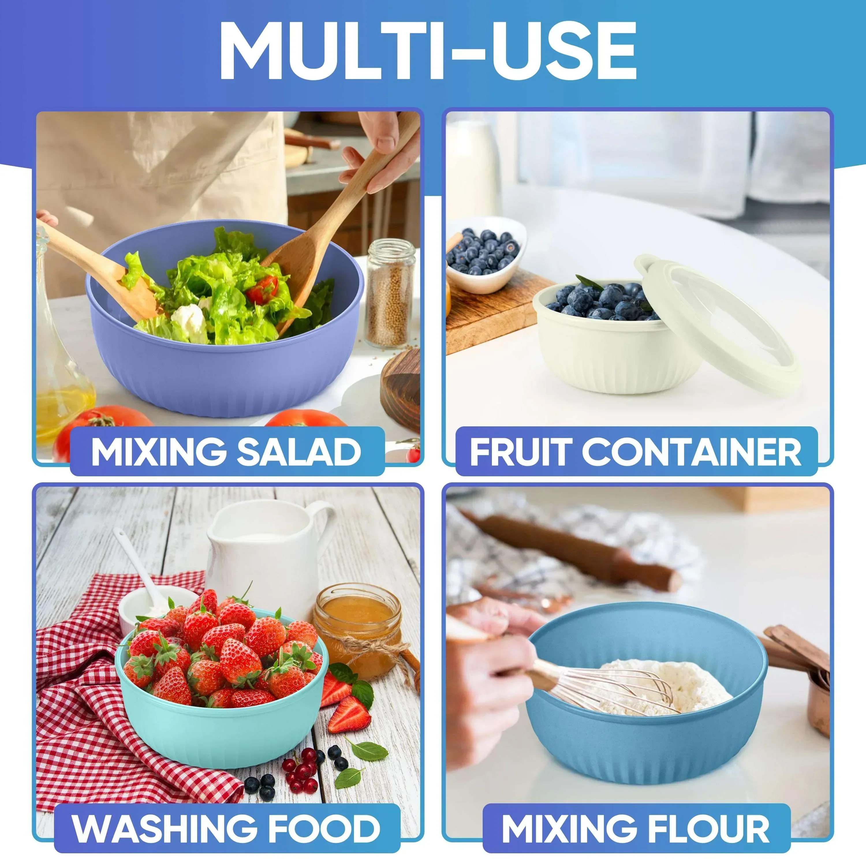 Vesteel 8Pcs Mixing Bowl Set with Lids, Nesting Plastic Bowls for for Mixing Serving Preparing Storage, Kitchen Prep Bowls, Dishwasher Safe, Blue - Image 3