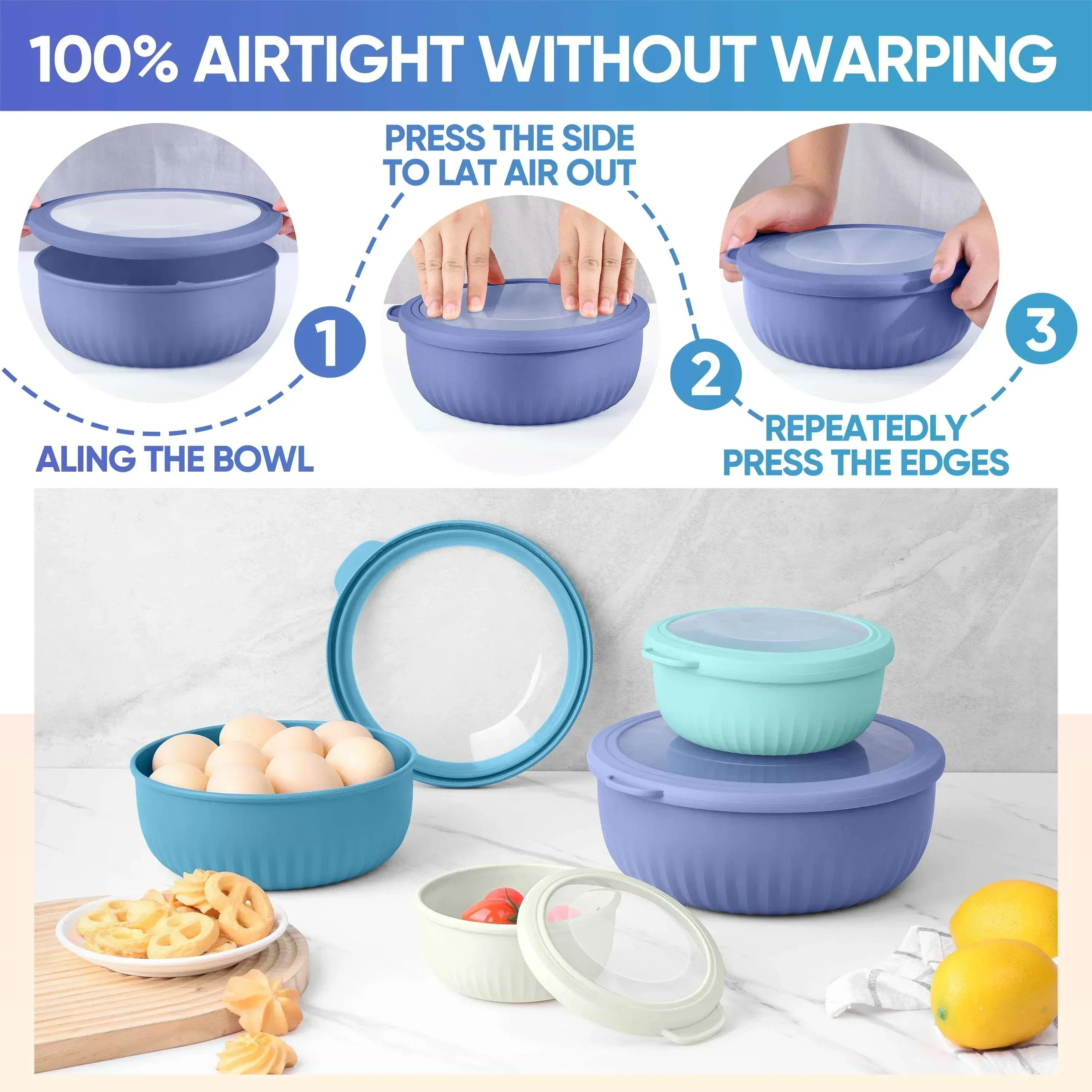Vesteel 8Pcs Mixing Bowl Set with Lids, Nesting Plastic Bowls for for Mixing Serving Preparing Storage, Kitchen Prep Bowls, Dishwasher Safe, Blue - Image 6