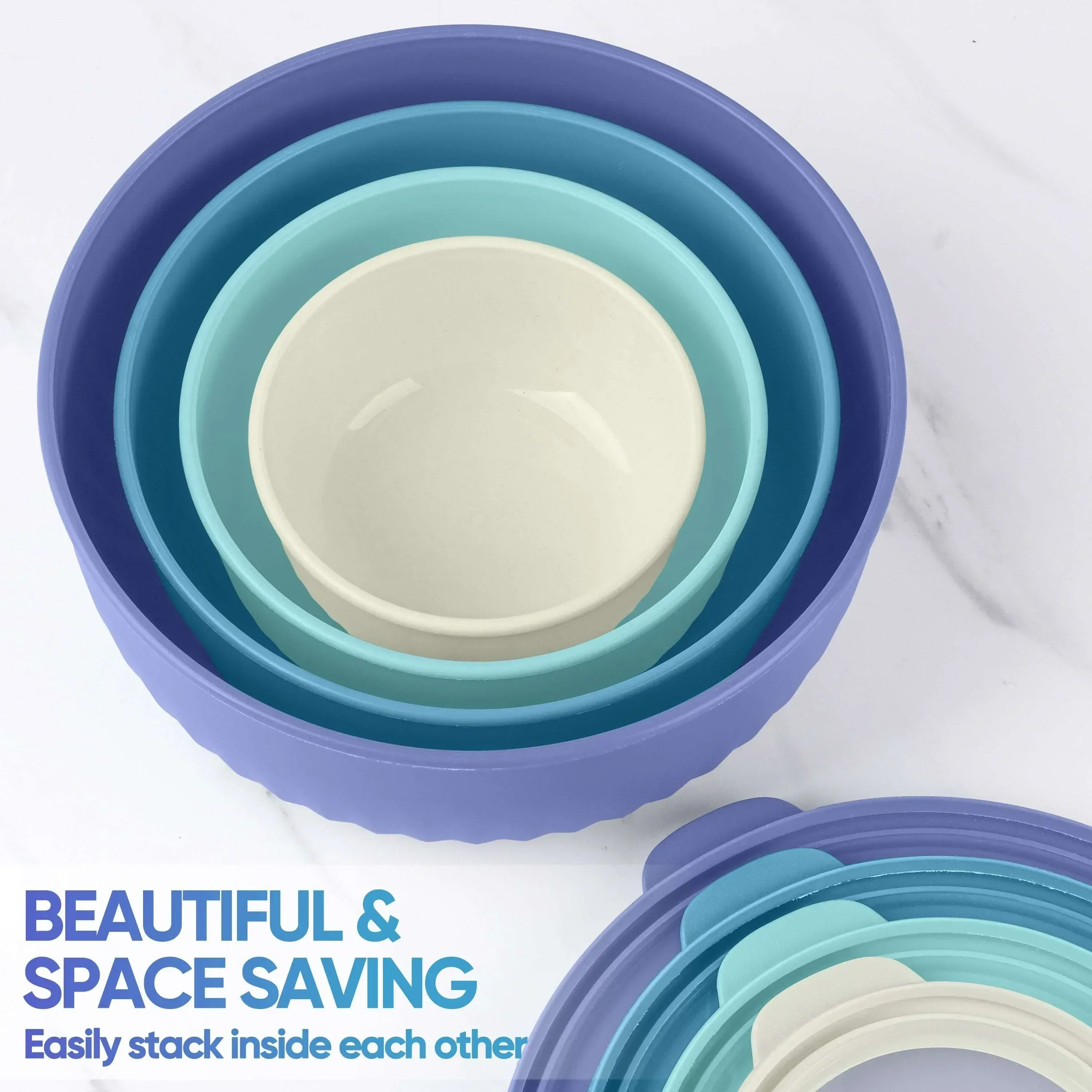 Vesteel 8Pcs Mixing Bowl Set with Lids, Nesting Plastic Bowls for for Mixing Serving Preparing Storage, Kitchen Prep Bowls, Dishwasher Safe, Blue - Image 7