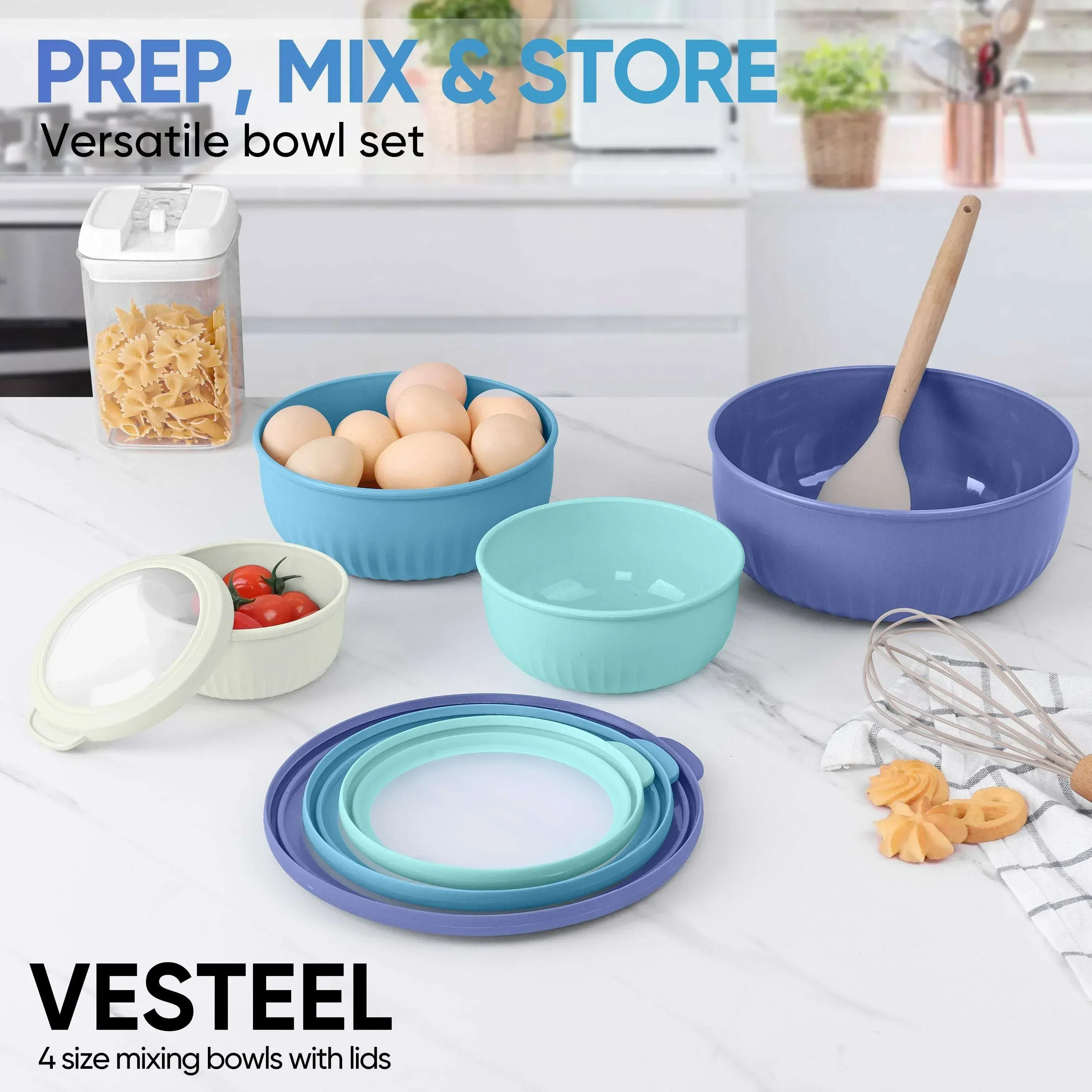 Vesteel 8Pcs Mixing Bowl Set with Lids, Nesting Plastic Bowls for for Mixing Serving Preparing Storage, Kitchen Prep Bowls, Dishwasher Safe, Blue - Image 9
