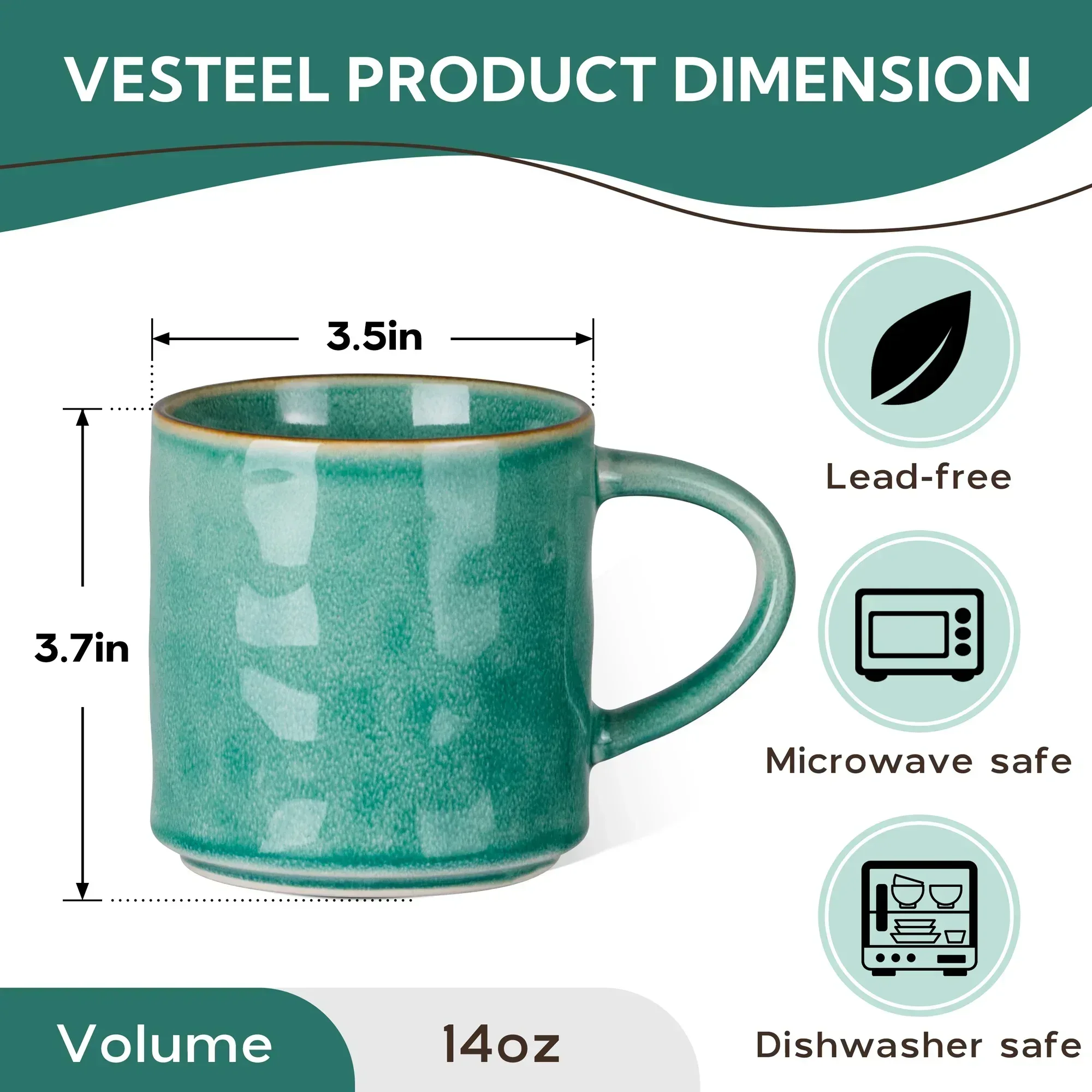 Vesteel Coffee Mug Set of 4, Ceramic Coffee Cups with Handles, 14oz Stoneware Mugs Set for Coffee Tea Milk, Wave Design Mug Gifts for Home Office Restaurant - Image 26
