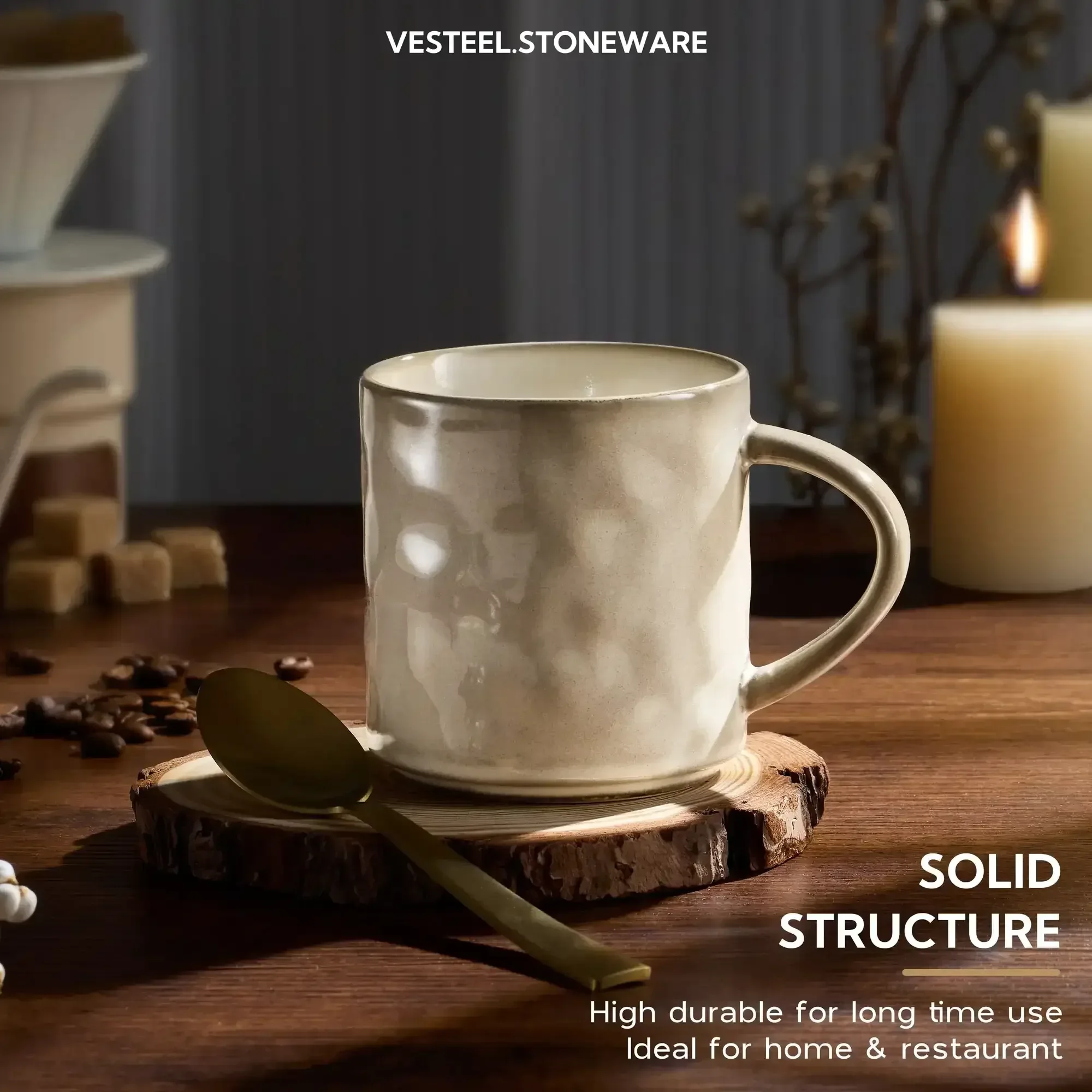 Vesteel Coffee Mug Set of 4, Ceramic Coffee Cups with Handles, 14oz Stoneware Mugs Set for Coffee Tea Milk, Wave Design Mug Gifts for Home Office Restaurant - Image 4