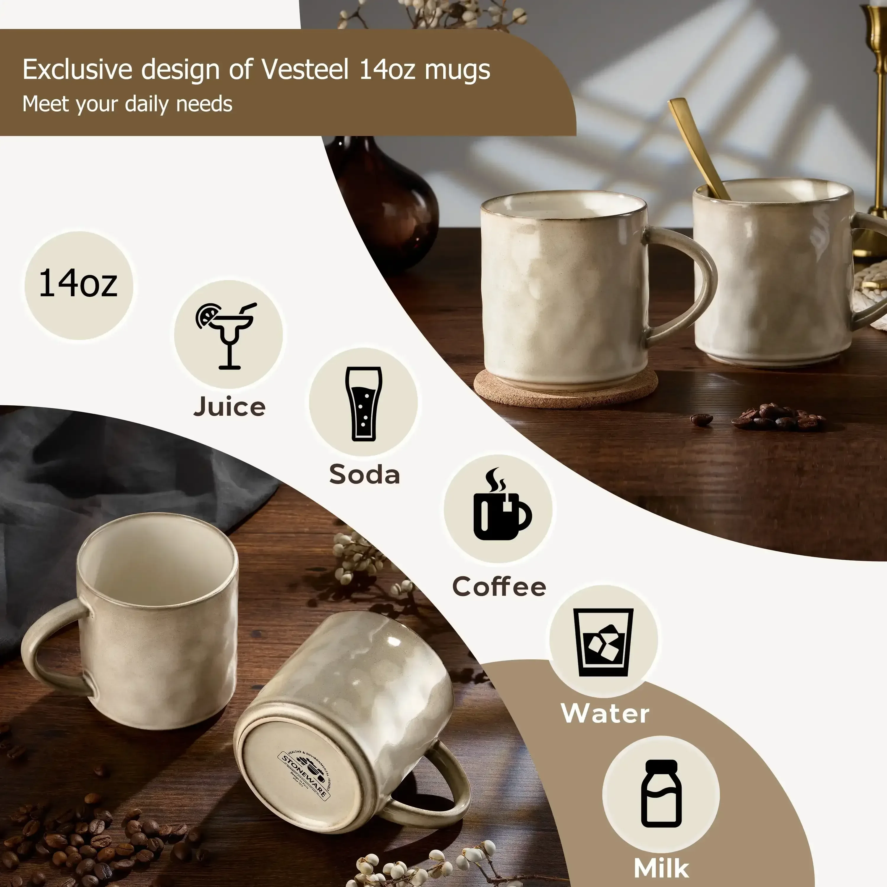 Vesteel Coffee Mug Set of 4, Ceramic Coffee Cups with Handles, 14oz Stoneware Mugs Set for Coffee Tea Milk, Wave Design Mug Gifts for Home Office Restaurant - Image 5
