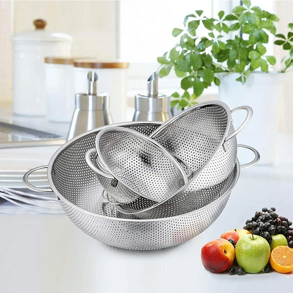 VeSteel Colander Set of 3, Stainless Steel Micro-Perforated Colanders Strainers for Draining Rinsing Washing, Ideal for Pasta Vegetables Fruits, Heavy Duty & Dishwasher Safe - Image 11