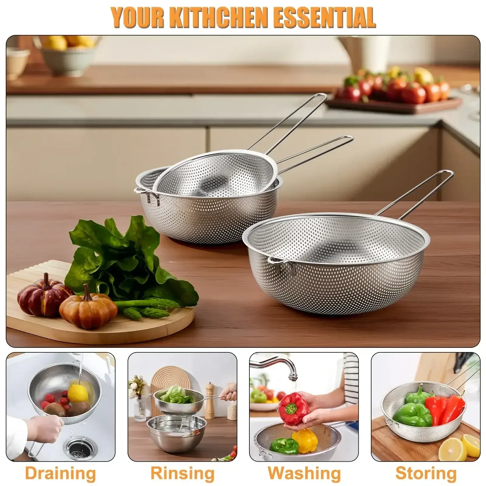 VeSteel Colander Set of 3, Stainless Steel Micro-Perforated Colanders Strainers for Draining Rinsing Washing, Ideal for Pasta Vegetables Fruits, Heavy Duty & Dishwasher Safe - Image 14