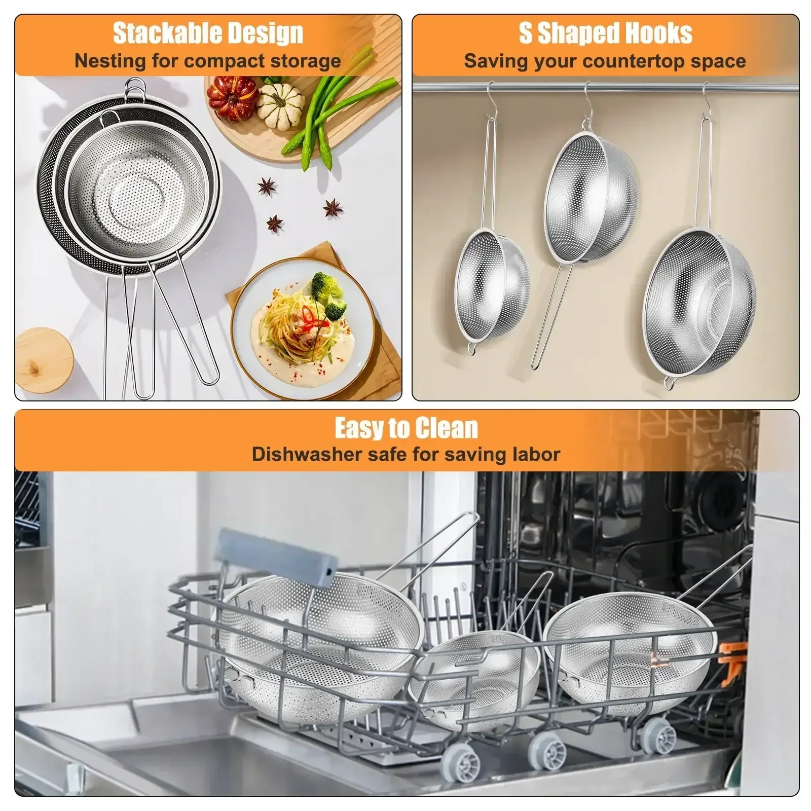 VeSteel Colander Set of 3, Stainless Steel Micro-Perforated Colanders Strainers for Draining Rinsing Washing, Ideal for Pasta Vegetables Fruits, Heavy Duty & Dishwasher Safe - Image 16
