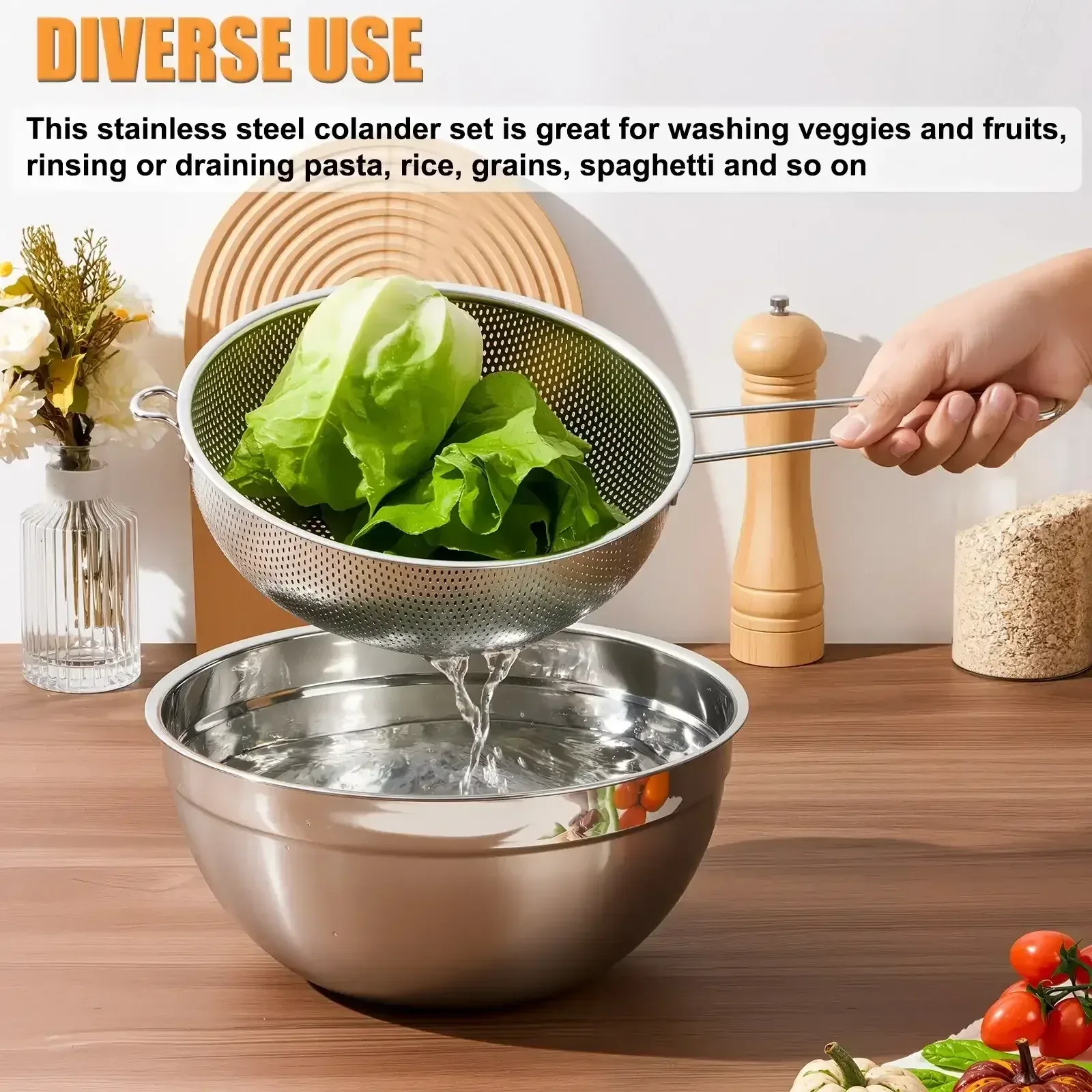 VeSteel Colander Set of 3, Stainless Steel Micro-Perforated Colanders Strainers for Draining Rinsing Washing, Ideal for Pasta Vegetables Fruits, Heavy Duty & Dishwasher Safe - Image 18