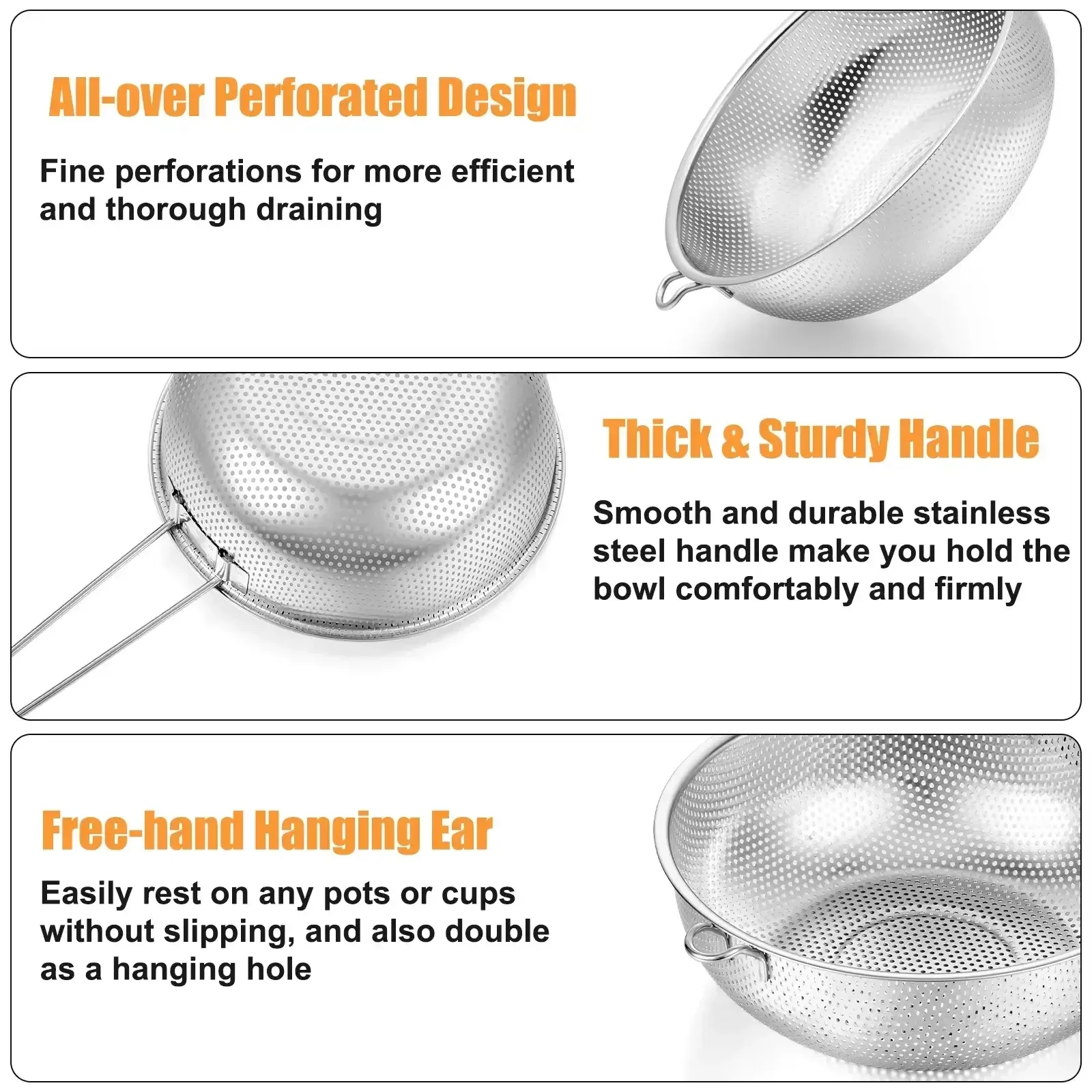 VeSteel Colander Set of 3, Stainless Steel Micro-Perforated Colanders Strainers for Draining Rinsing Washing, Ideal for Pasta Vegetables Fruits, Heavy Duty & Dishwasher Safe - Image 19