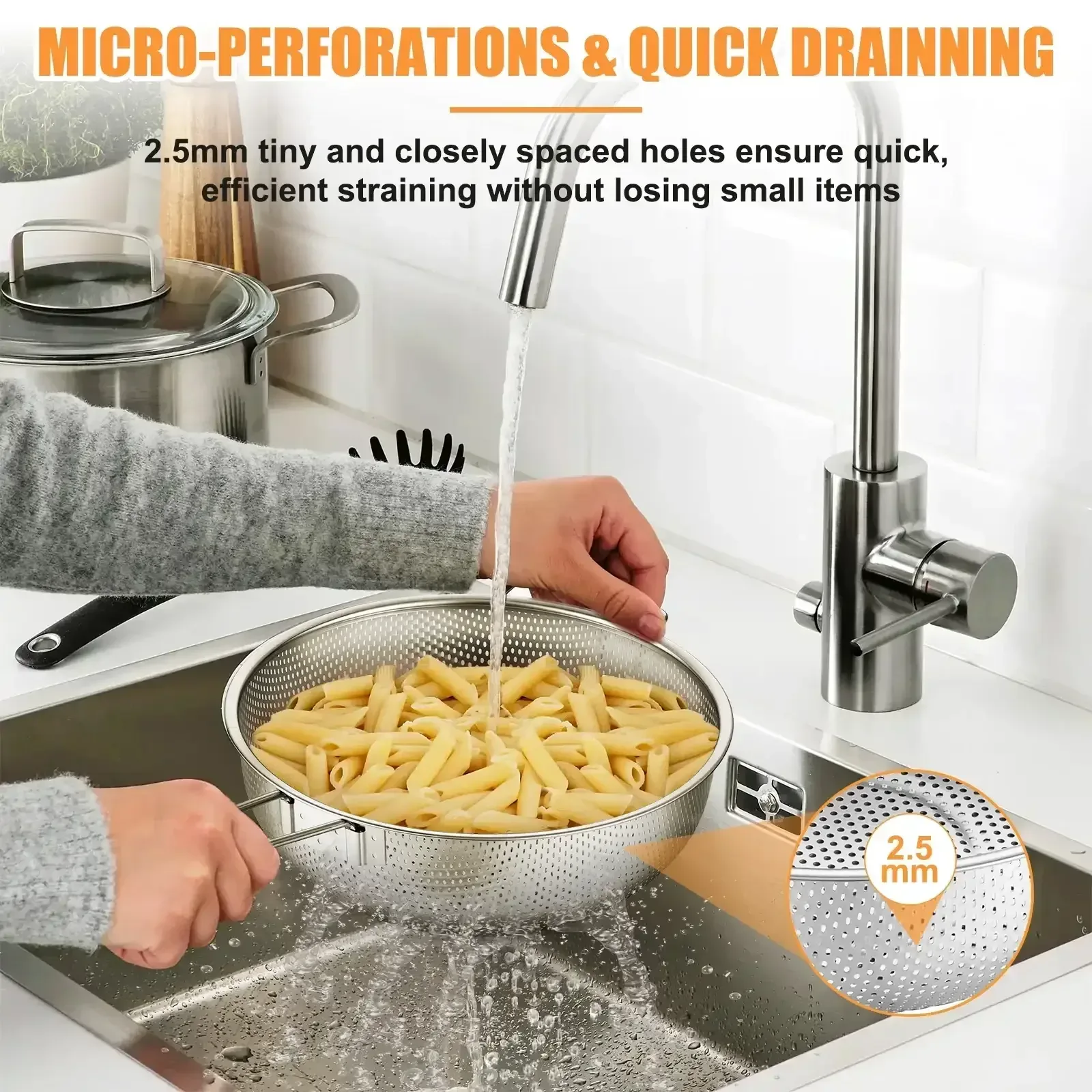 VeSteel Colander Set of 3, Stainless Steel Micro-Perforated Colanders Strainers for Draining Rinsing Washing, Ideal for Pasta Vegetables Fruits, Heavy Duty & Dishwasher Safe - Image 20