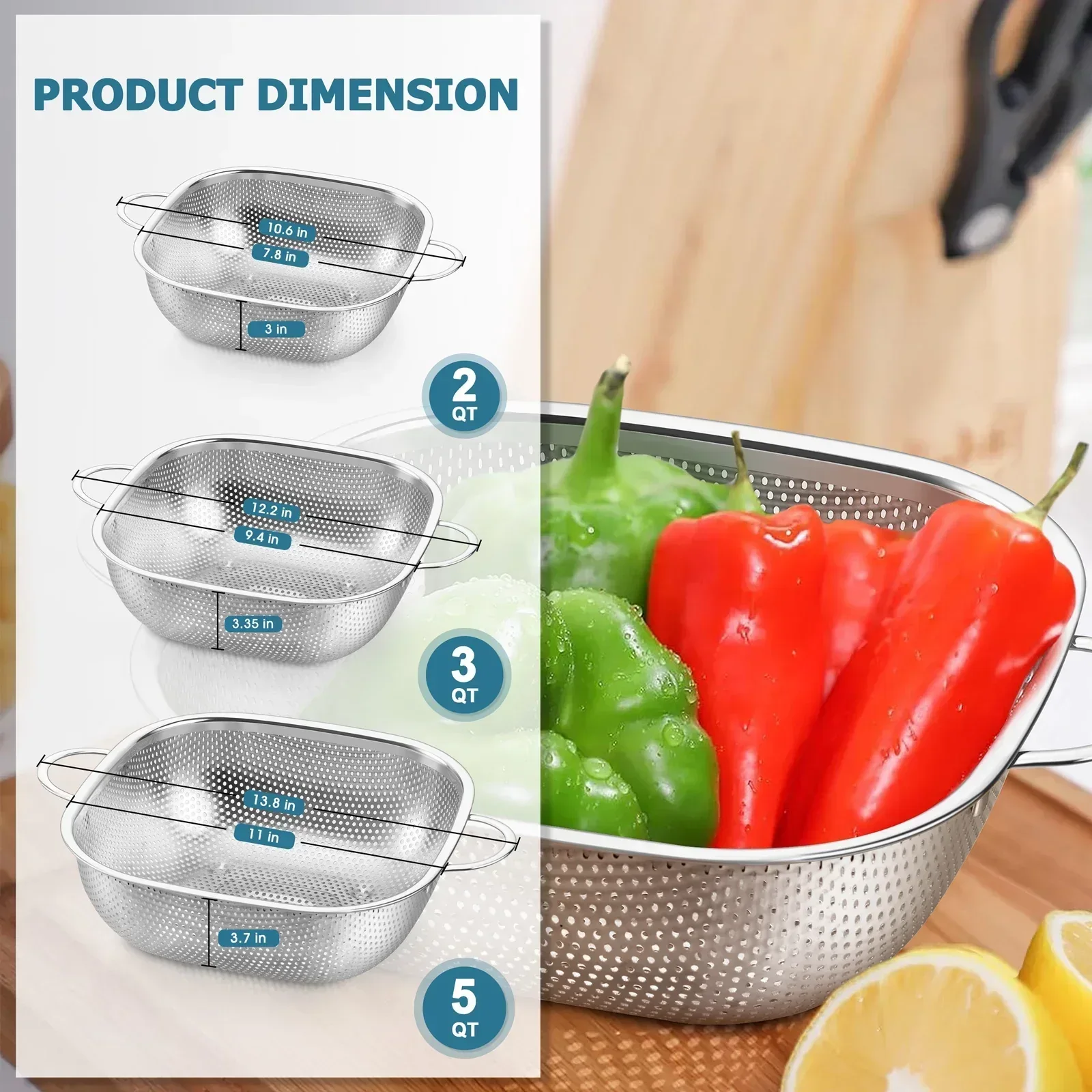 VeSteel Colander Set of 3, Stainless Steel Micro-Perforated Colanders Strainers for Draining Rinsing Washing, Ideal for Pasta Vegetables Fruits, Heavy Duty & Dishwasher Safe - Image 22