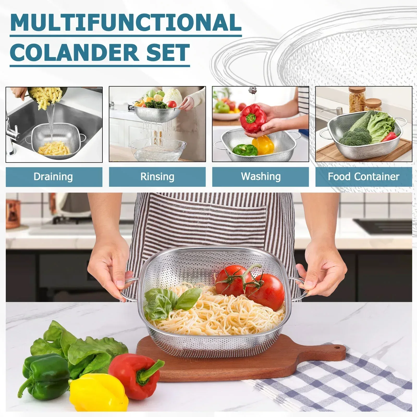VeSteel Colander Set of 3, Stainless Steel Micro-Perforated Colanders Strainers for Draining Rinsing Washing, Ideal for Pasta Vegetables Fruits, Heavy Duty & Dishwasher Safe - Image 24
